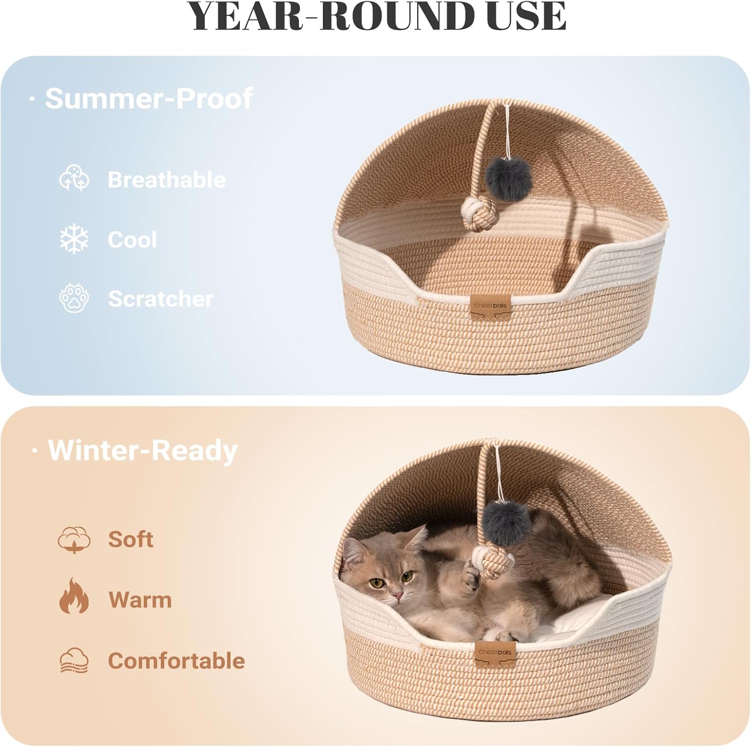 CHEERPALS Cat Basket Bed for Indoor Cats, Covered Pet Bed with Washable Cushion and Ball Rope Cotton Bed for Medium and Large Cat, All Season Universal(White)