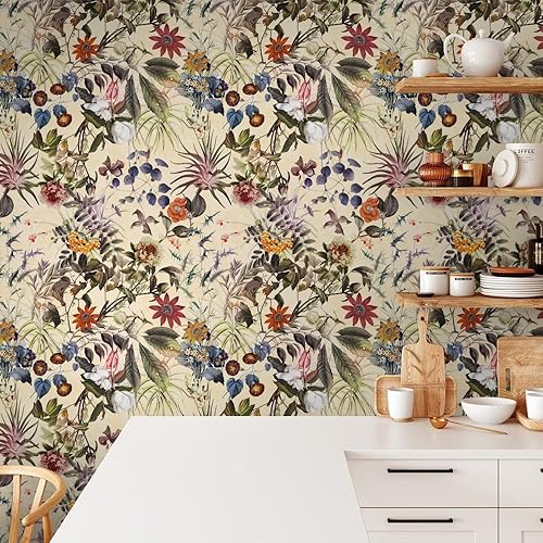 Miniatura 4 de Papel tapiz autoadhesivo de 18 x 236 pulgadas, diseño bohemio de flores silvestres y hojas, papel de contacto extraíble para despegar y despegar,