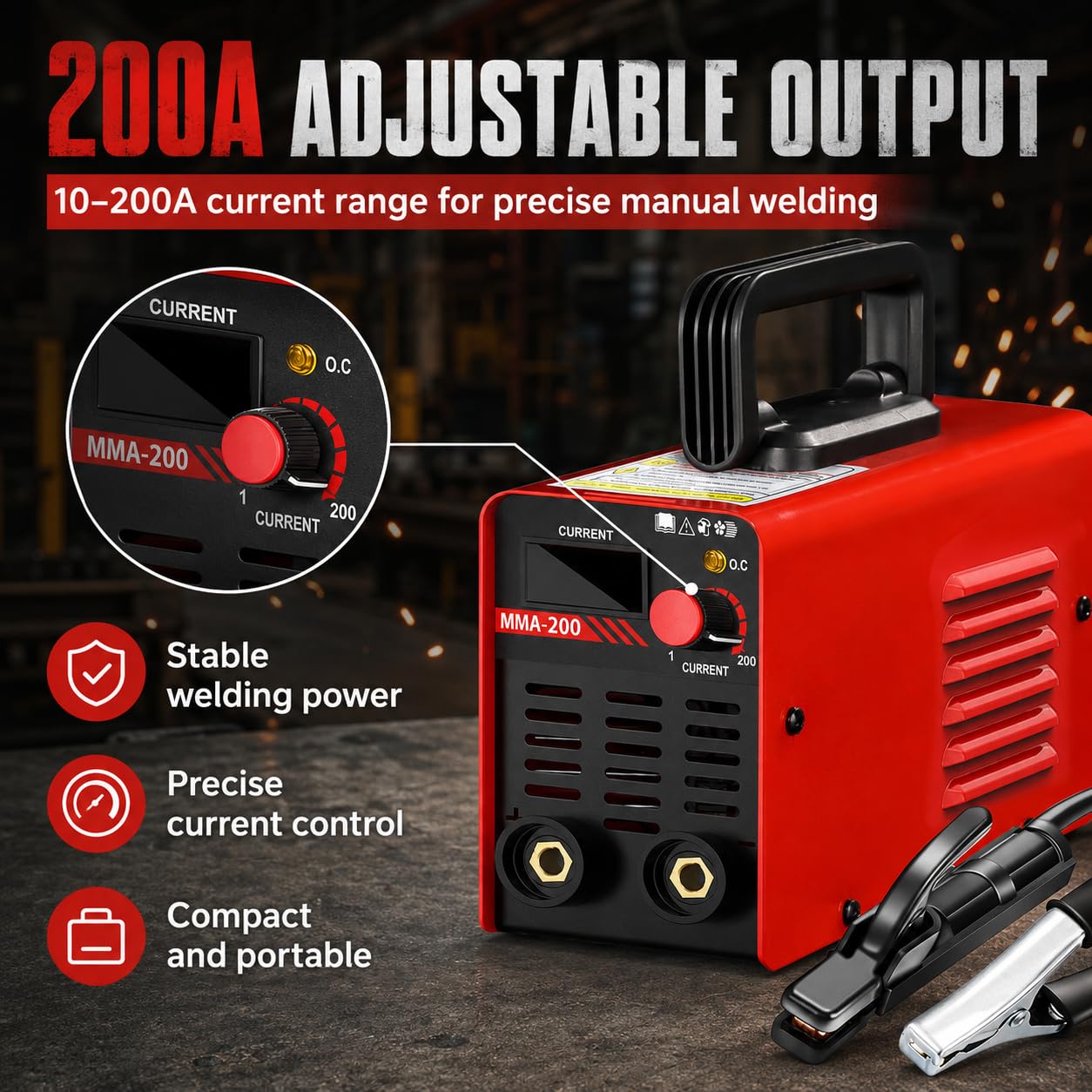 Spawarka elektrodowa MMA 200A, spawarka łukowa 220V z wyświetlaczem LED, zestaw z hełmem spawalniczym, młotek żużlowy, szczotka z gorącym startem, siła łuku i antykijowa, kompletny zestaw