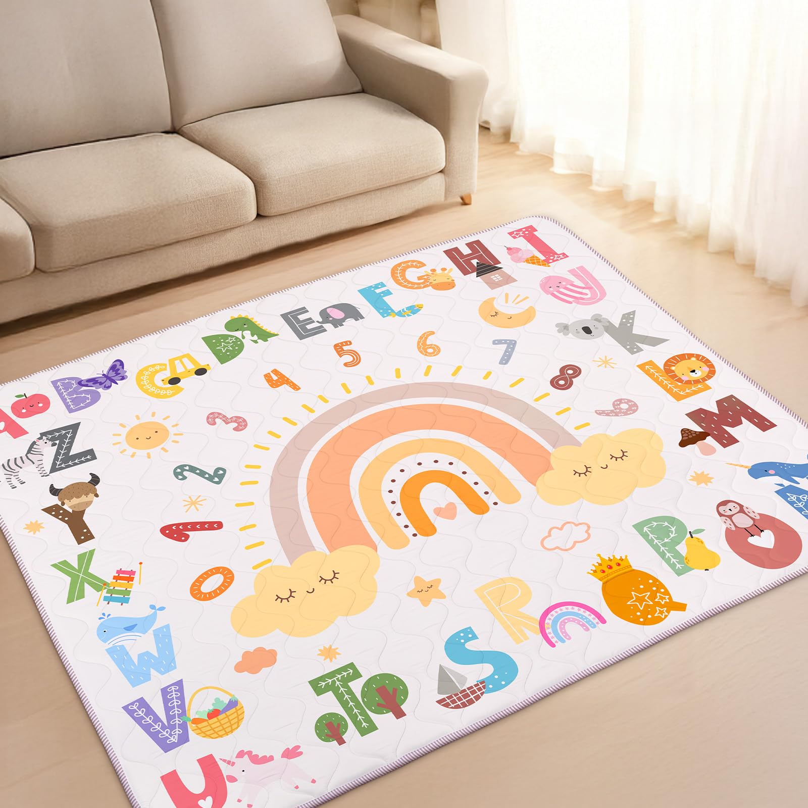 Tapis de Juego Bebé 150 * 180cm, Alfombra de Actividades con Acolchado Grueso para Tummy Time, Base Antideslizante Segura para Gateo, Arco Iris del Alfabeto