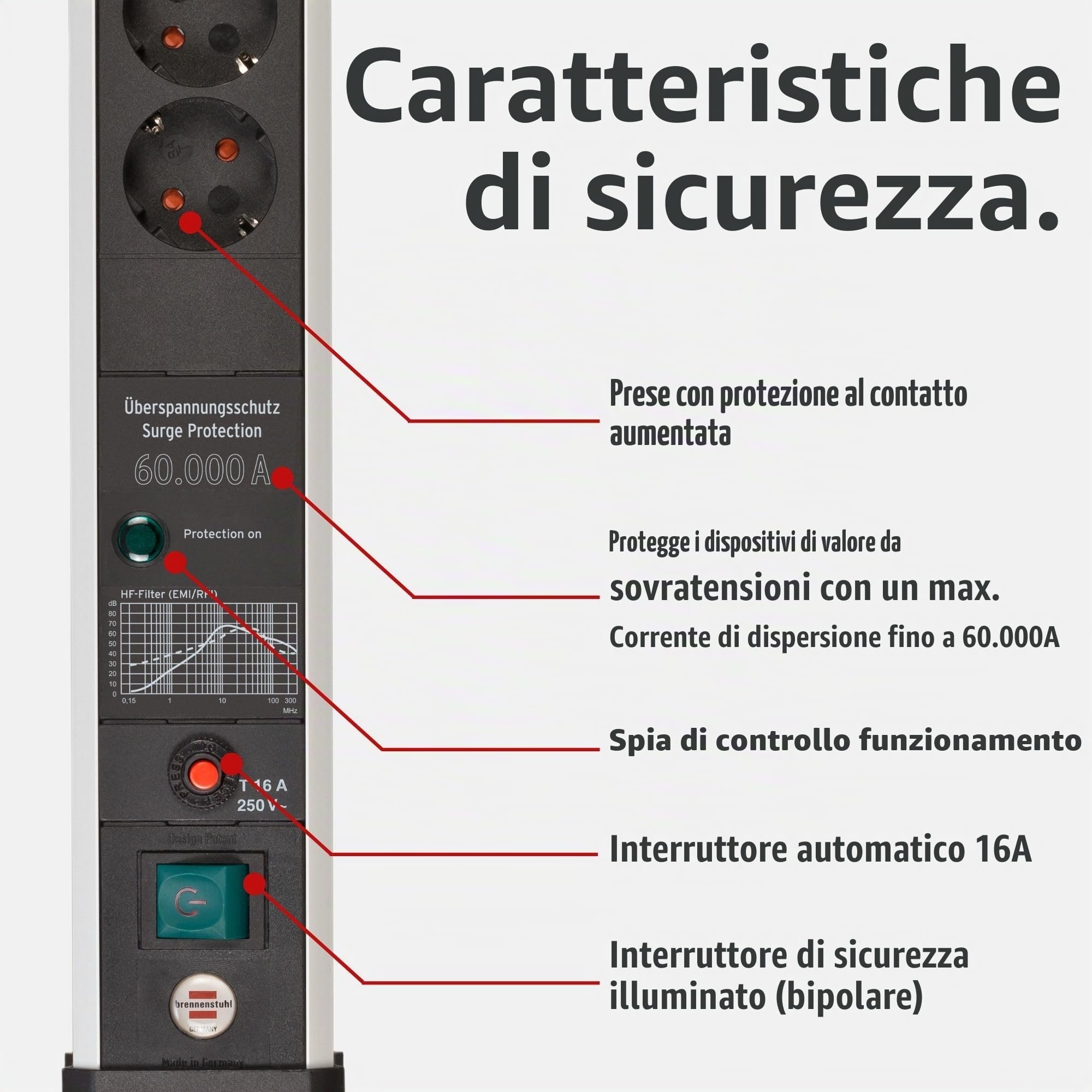Brennenstuhl Premium Protect-Line - Ciabatta elettrica a 6 prese con protezione contro le sovratensioni 60.000 A (presa multipla con interruttore e cavo da 5 m, Made in Germany) argento/nero