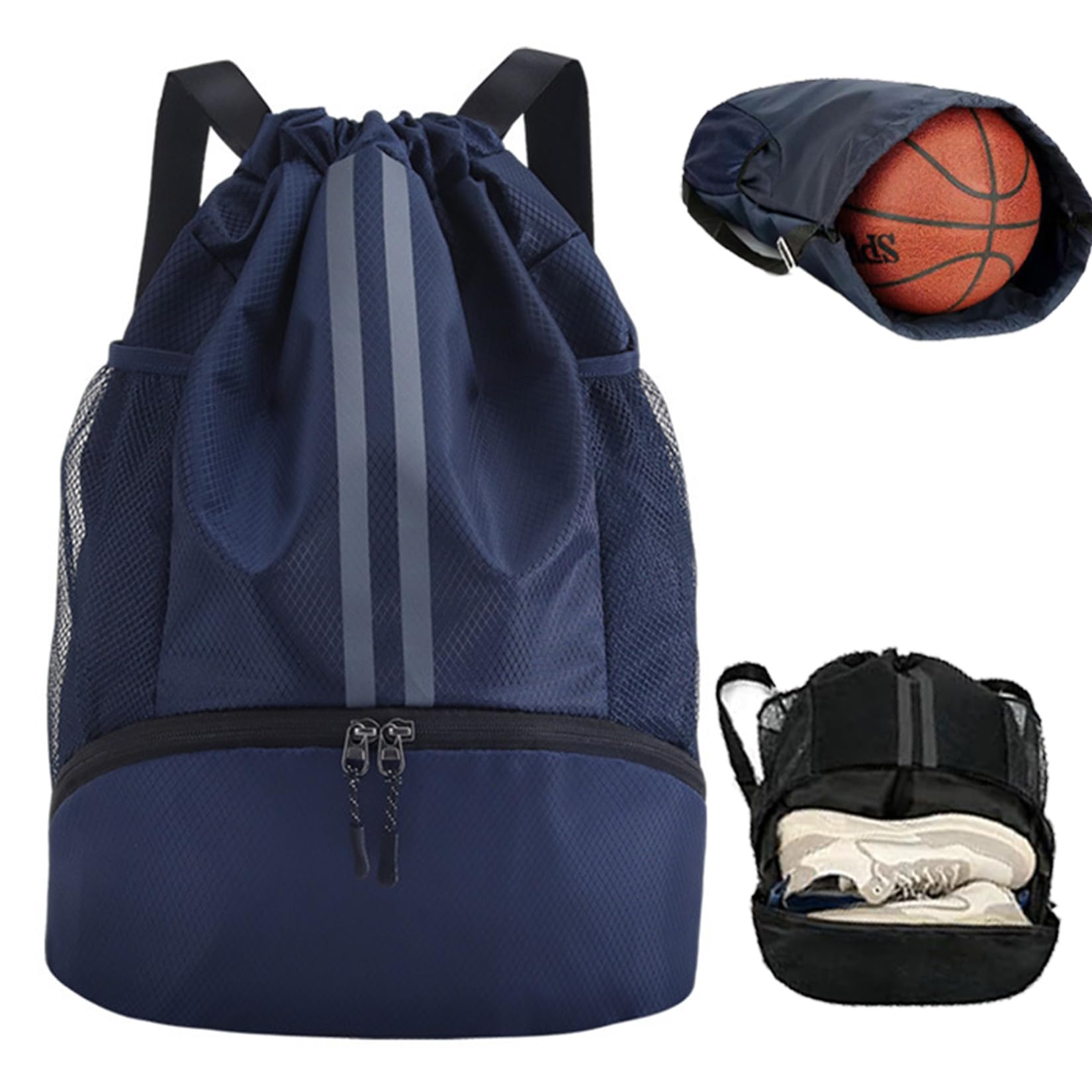 RubyTint Drawstring Gym Bag-Waterproof Sports Backpack with Shoe Compartment and Wet Dry Separation, Large Unisex Swimming Bag with Mesh Fabric and Adjustable Shoulder Straps (Navy Blue)