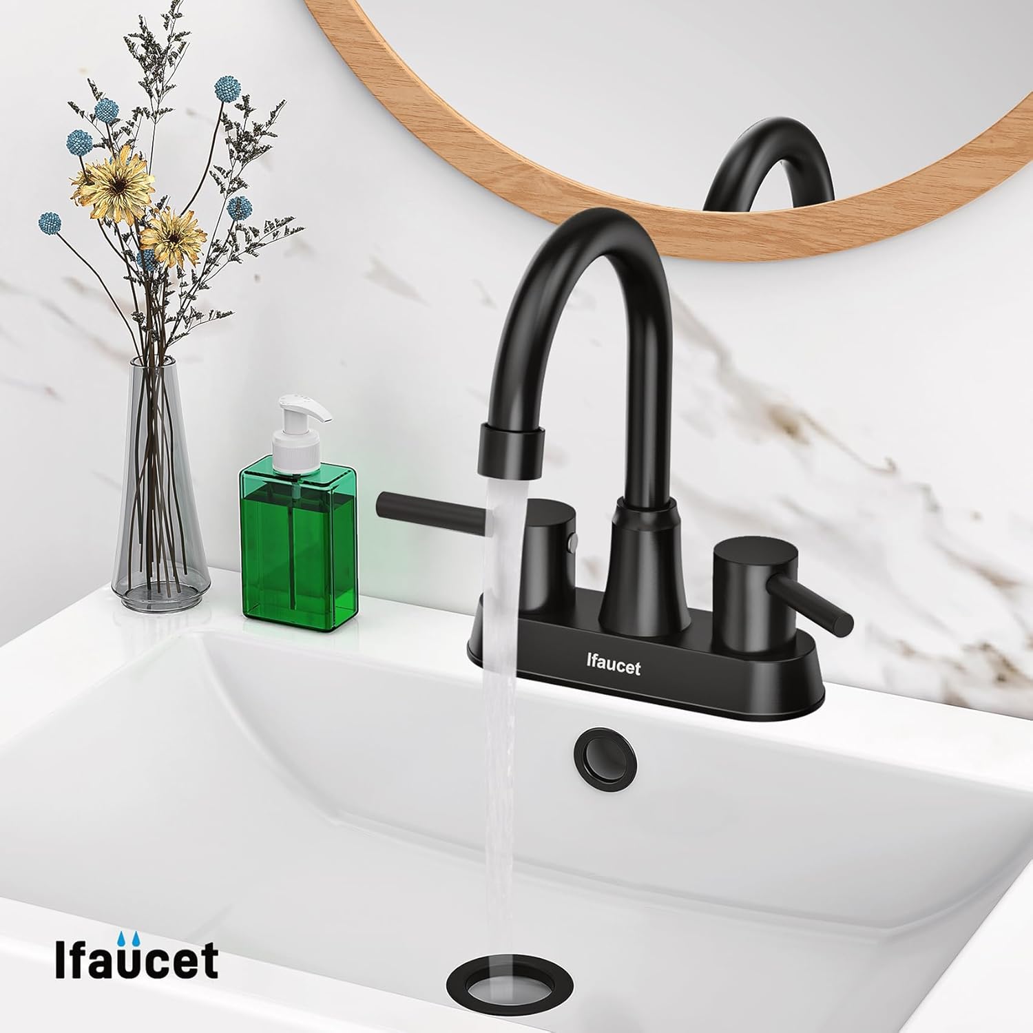 Black Bathroom Faucet 3 Hole, Bathroom Faucets for Sink 3 Hole, Bathroom Sink Faucet, 4 Inch 2 Handle Centerset, Lead-Free, with Copper Pop Up Drain (Matte Black) - Image 5