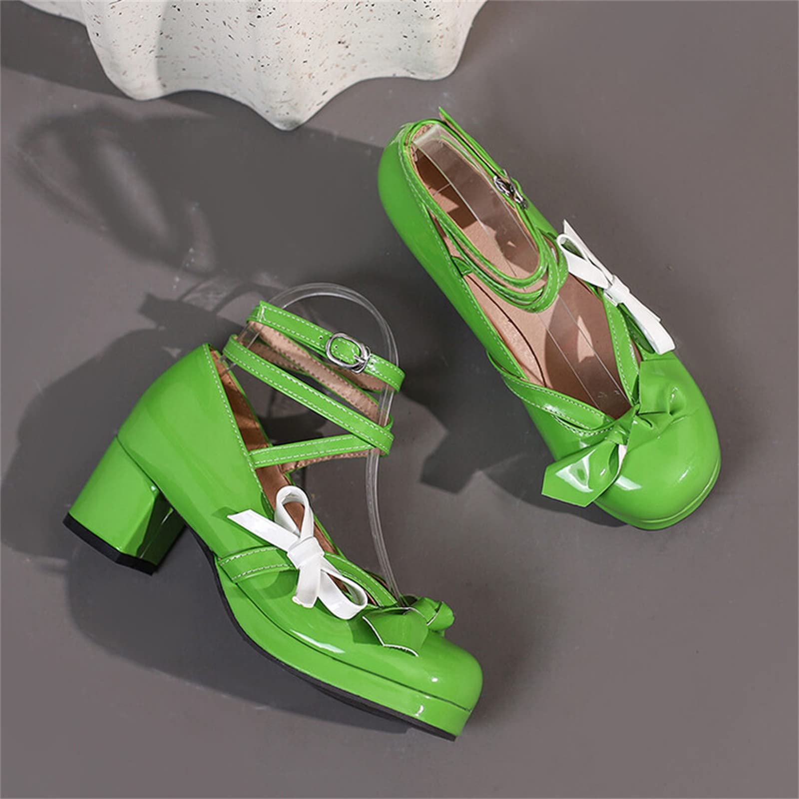 Scarpe basse da donna con cinghia, Mary Jane, con tacco alto, per cosplay, con fibbia, rotonde, in pizzo, per feste, balli di fine anno, in pelle
