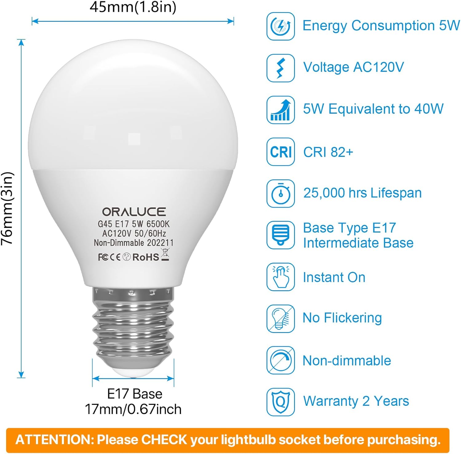 ORALUCE E17 LED Bulb 5 Watts Cool White 6500K, 40W Equivalent A15/G45 Globe Ceiling Fan Light Bulbs, 500 Lumens Non-Dimmable, 6 Pack