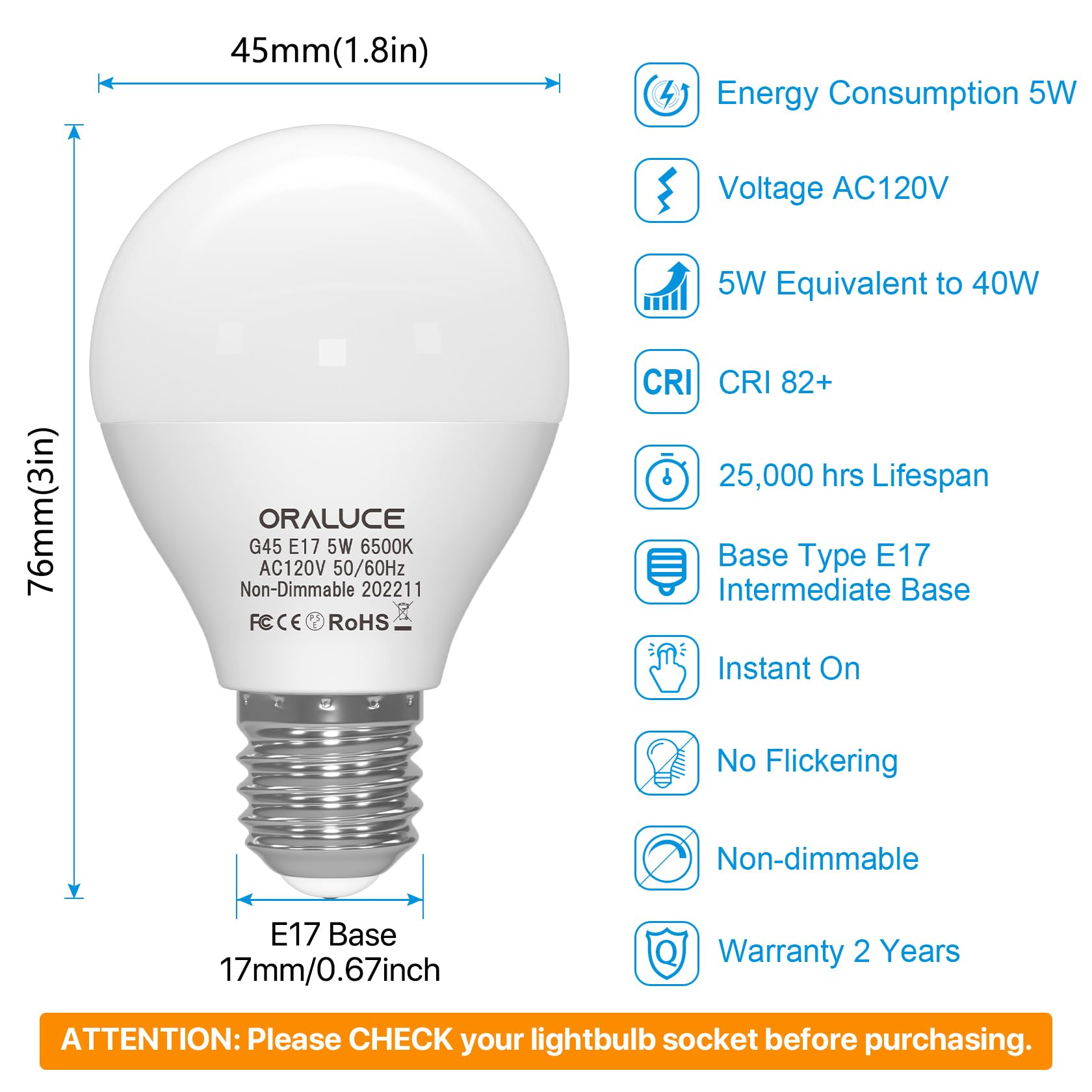 Amazon.com: ORALUCE E17 LED Bulb 5 Watts Cool White 6500K, 40W