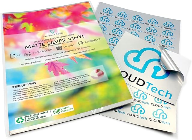 Evergreen Goods 10 x A4 Metallic Matte Silver Vinyl Sticker Labels | Inkjet & Laser Printable - Waterproof | Self-Adhesive Sticky-Back | Print at Home, Suitable for Cricut, Silhouette & Other Cutters