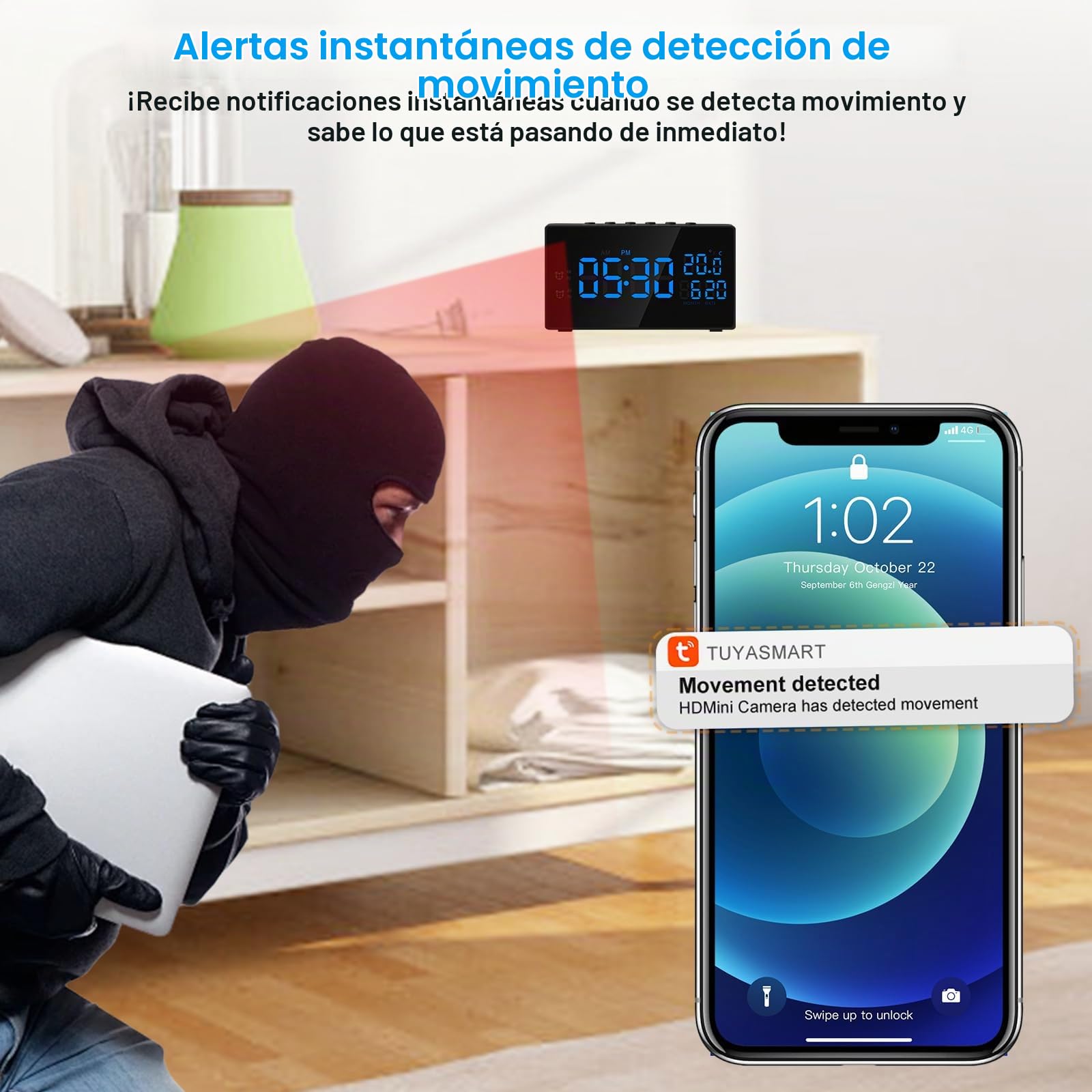 MiniCamara Oculta HD 1080P Spy Camara WiFi Despertador, 2.4/5Ghz WiFi Camara Espia Oculta Invisible Compatible con Visión Nocturna y Detección de Movimiento, App Vigilancia Remota