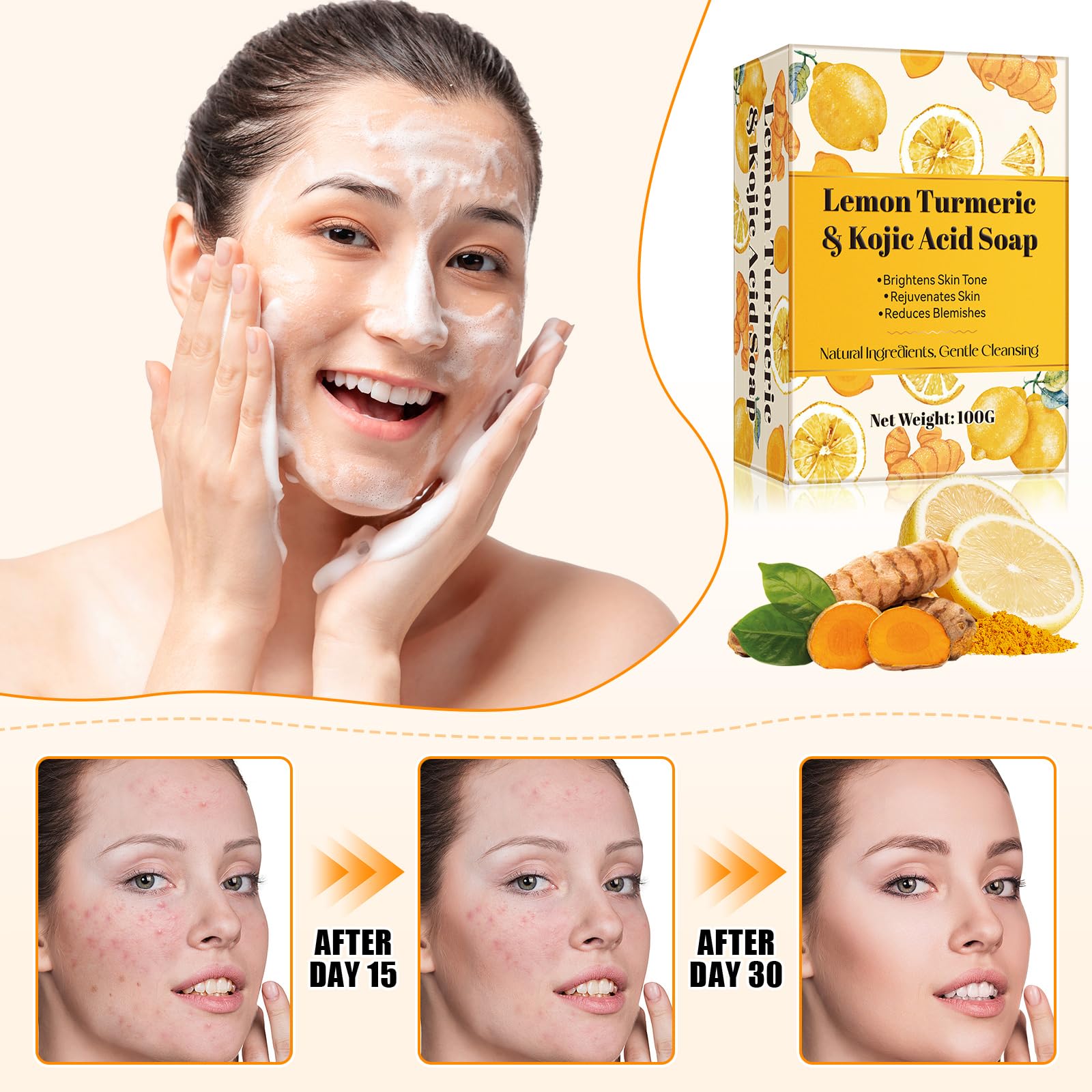 Lemon Turmeric Soap, Kojic Acid, Pure Natural Brightening, Deep Cleaning Smooth Skin - Image 4