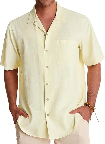 Vista 3 de Alimens & Gentle Camisas de lino para hombre, de manga corta, con botones, casuales, de verano, playa, camisas hawaianas de algodón