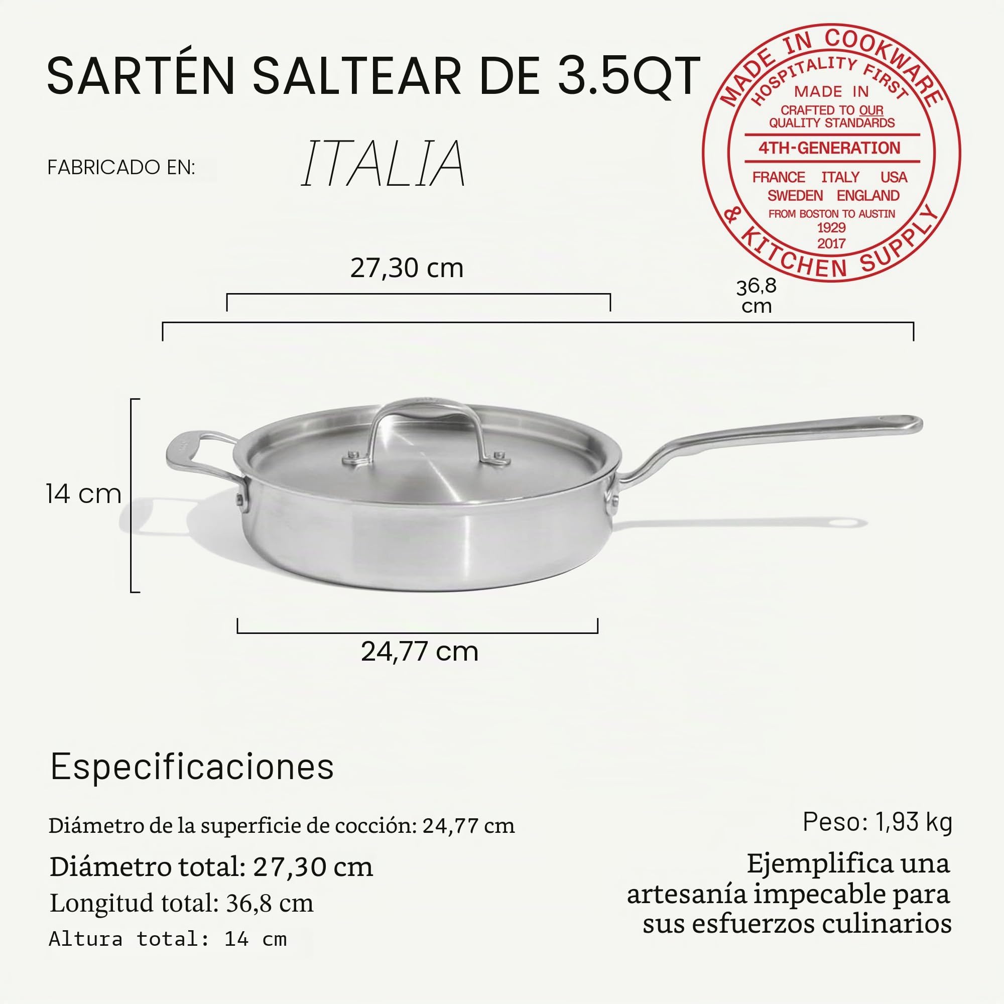 Made In Cookware - Sartén antiadherente de cerámica de 3.5 cuartos de galón con tapa, revestimiento de acero inoxidable de 5 capas, utensilios de cocina profesionales, fabricado en Italia, compatible
