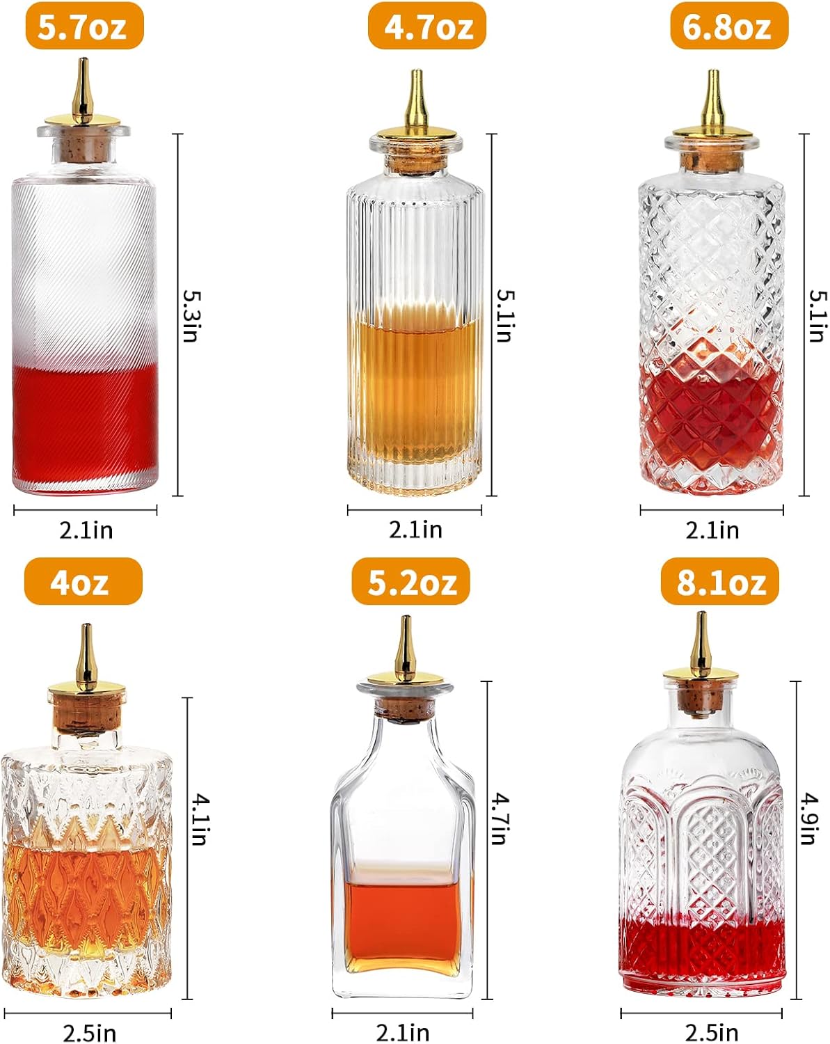 LINALL Bitters Bottle Set of 6 - Glass Vintage Bottles with Tray Decorative Bottles with Dash Top and Bottle Stopper Dasher Bottles for Making Cocktail Great For Bartender Home Bar