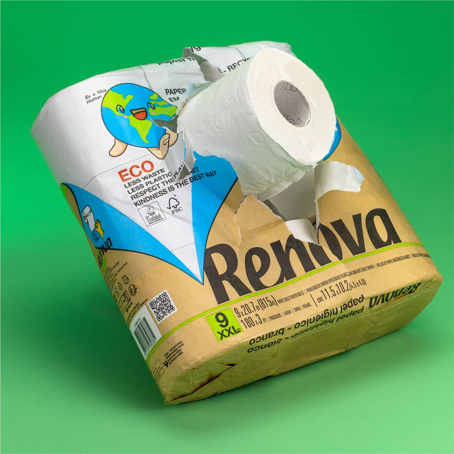 Renova Papel Higiénico Renova Recycled | 9 Rollos Reciclados & Envueltos en Papel | Sin Plásticos | Certificados FSC® y Ecolabel
