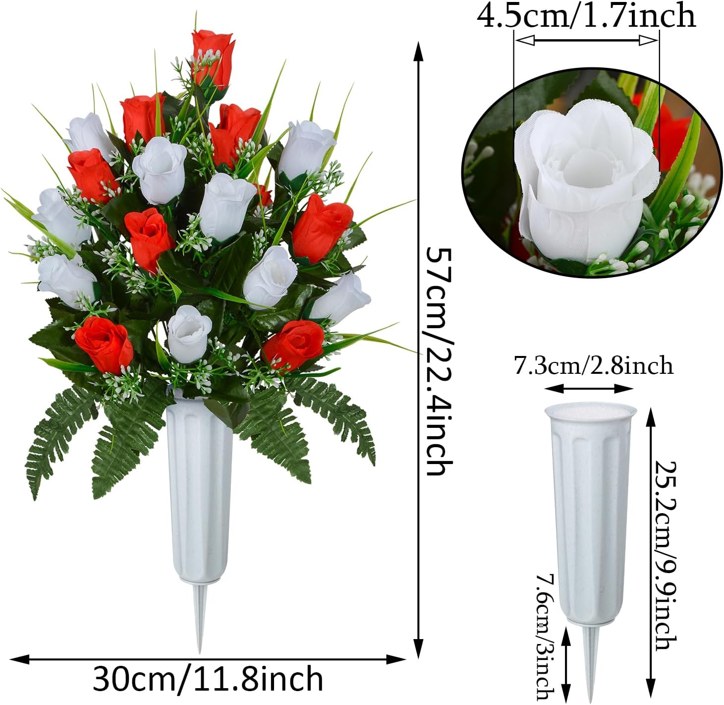 XONOR Artificial Cemetery Flowers, Grave Decorations Roses, Memorial Flowers Bouquet with Cemetery Vase, 2 Sets (White & Red)