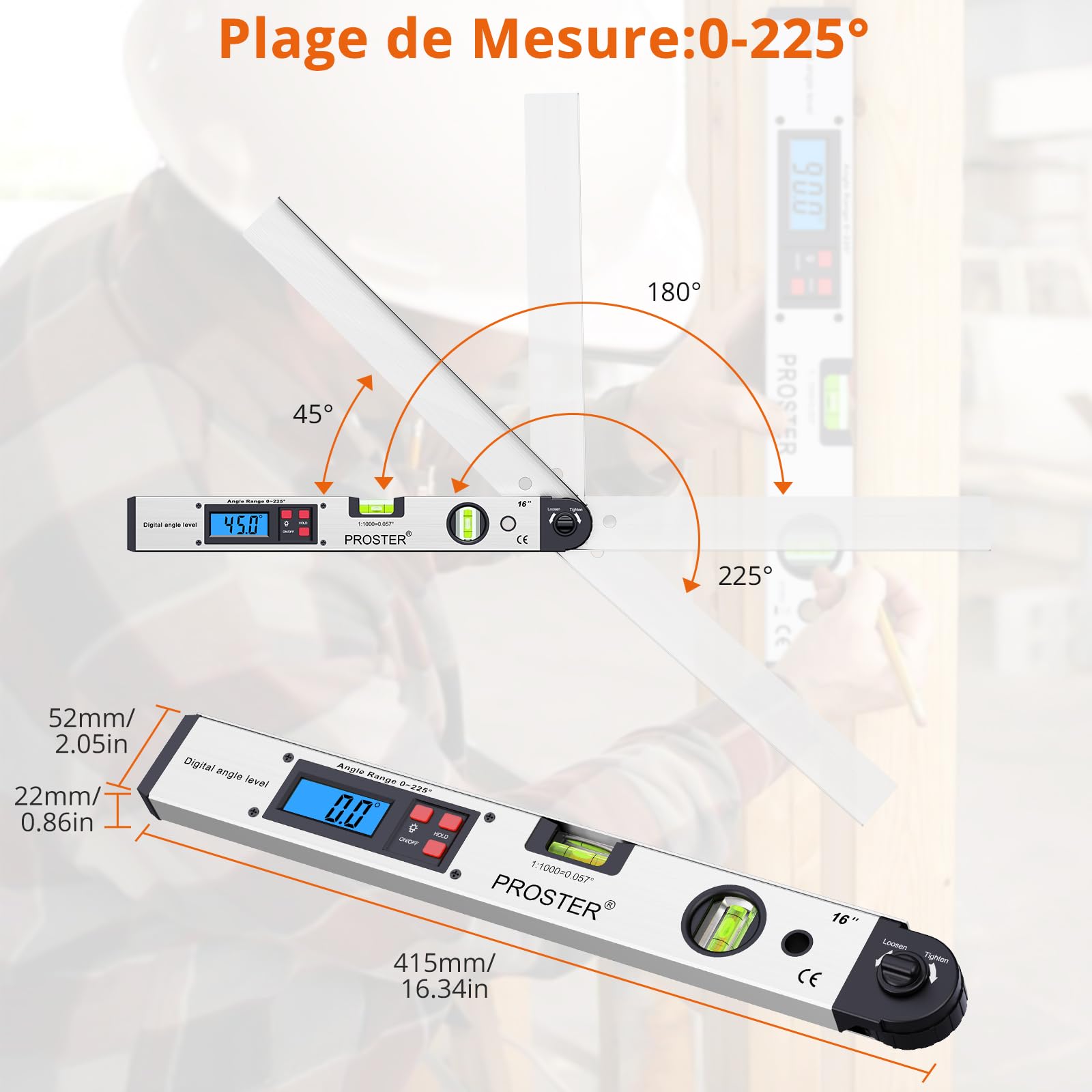 Proster Rapporteur d’Angle Numérique 0–225° - Règle d’Angle 400 mm / 16 Pouces avec LCD Rétroéclairé, HOLD, Niveaux à Bulle, Fausse Équerre pour Menuiserie, Charpente, Bricolage (Argent)