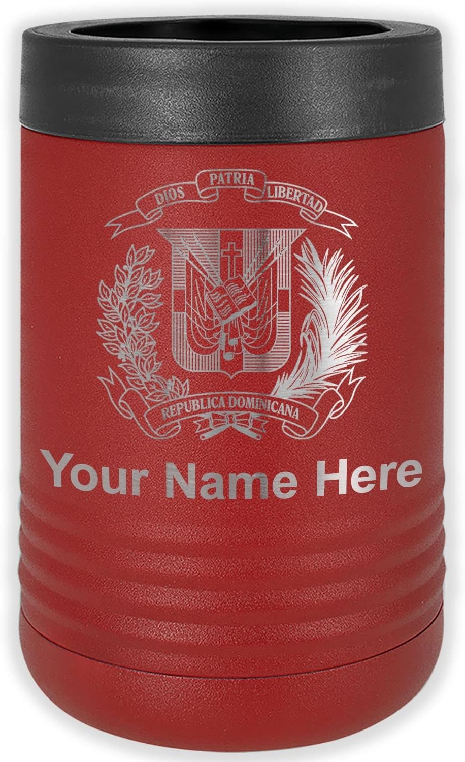 LaserGram Personalized 12 oz. Stainless Steel Can & Bottle Insulator, Coat of Arms Dominican Republic – Keeps Drinks Cold Longer (Navy Blue)