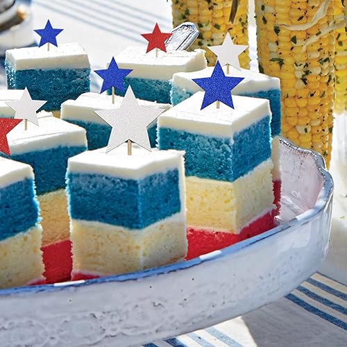 Miniatura 5 de Decoración para cupcakes del 4 de julio, diseño de estrella roja, azul y blanca, con purpurina patriótica, decoración de fiesta conmemorativa del