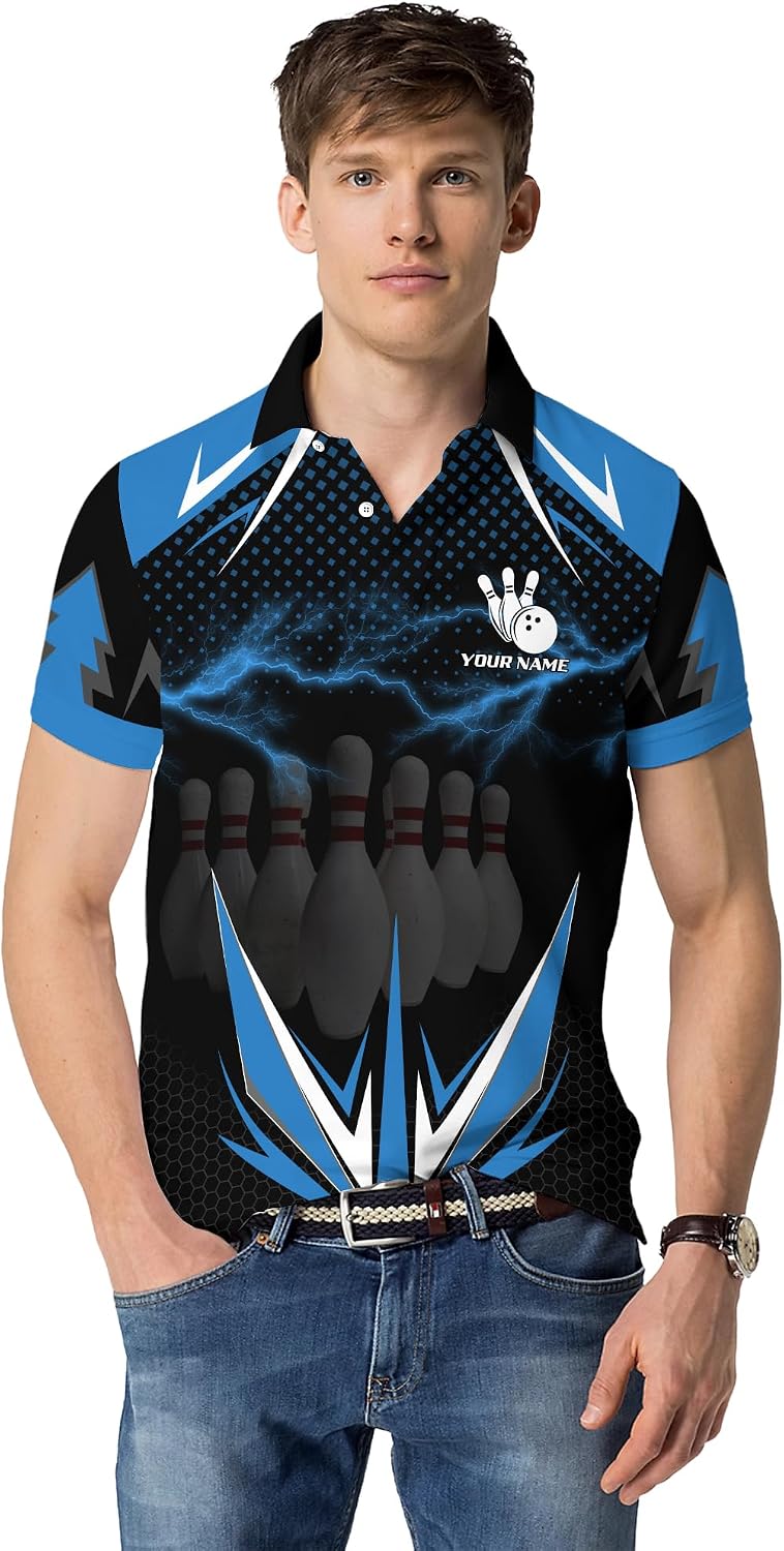 Unisex Bowling Golf Shirt Personalized Blue Lightning Bowling Pin Collared Tshirt for Bowling Player Split Happens Clothing