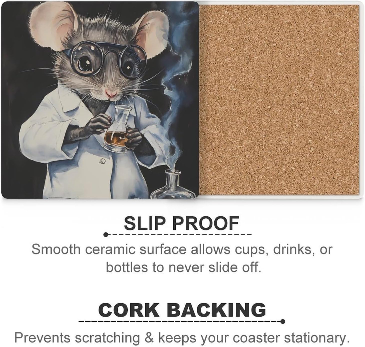 Lab Rat Funny Ceramic Coasters for Drinks Absorbent Cup Holder Tabletop Protector with Cork Base