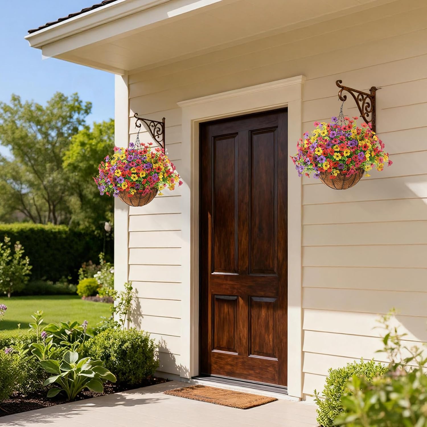 Artificial Flowers Hanging Baskets, 12 Bundles Faux Flower Outdoor Hanging Basket Spring Summer Decoration, Fake Flowers Plants for Porch Patio Balcony Home Yard Decor