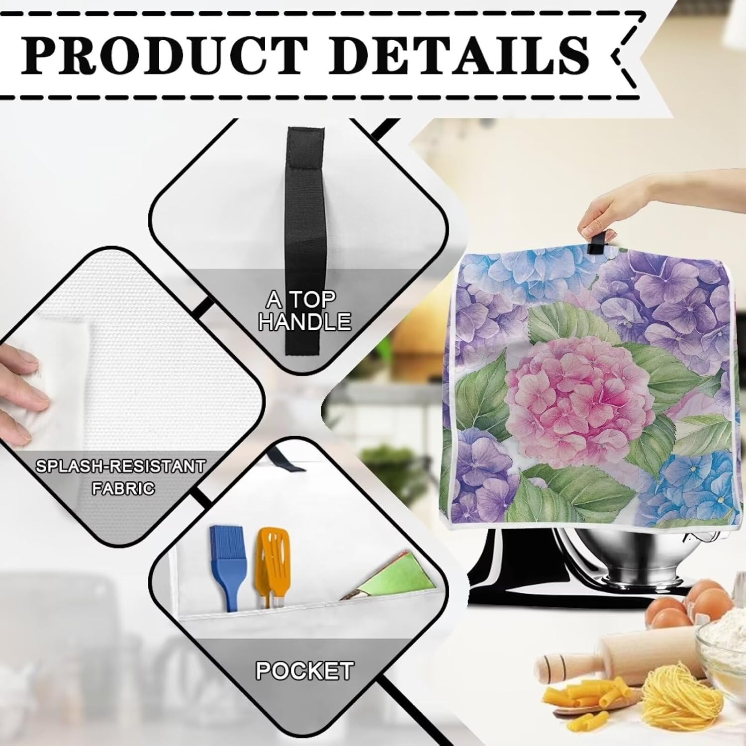 Cozeyat Hydrangea Stand Mixer Dust-proof Cover for Kitchen Aid Mixer, 2 Pockets for Various Kitchen Appliance Accessories, Water-resistant, Easy Cleaning (Fit for Tilt Head 6-8 Quart)