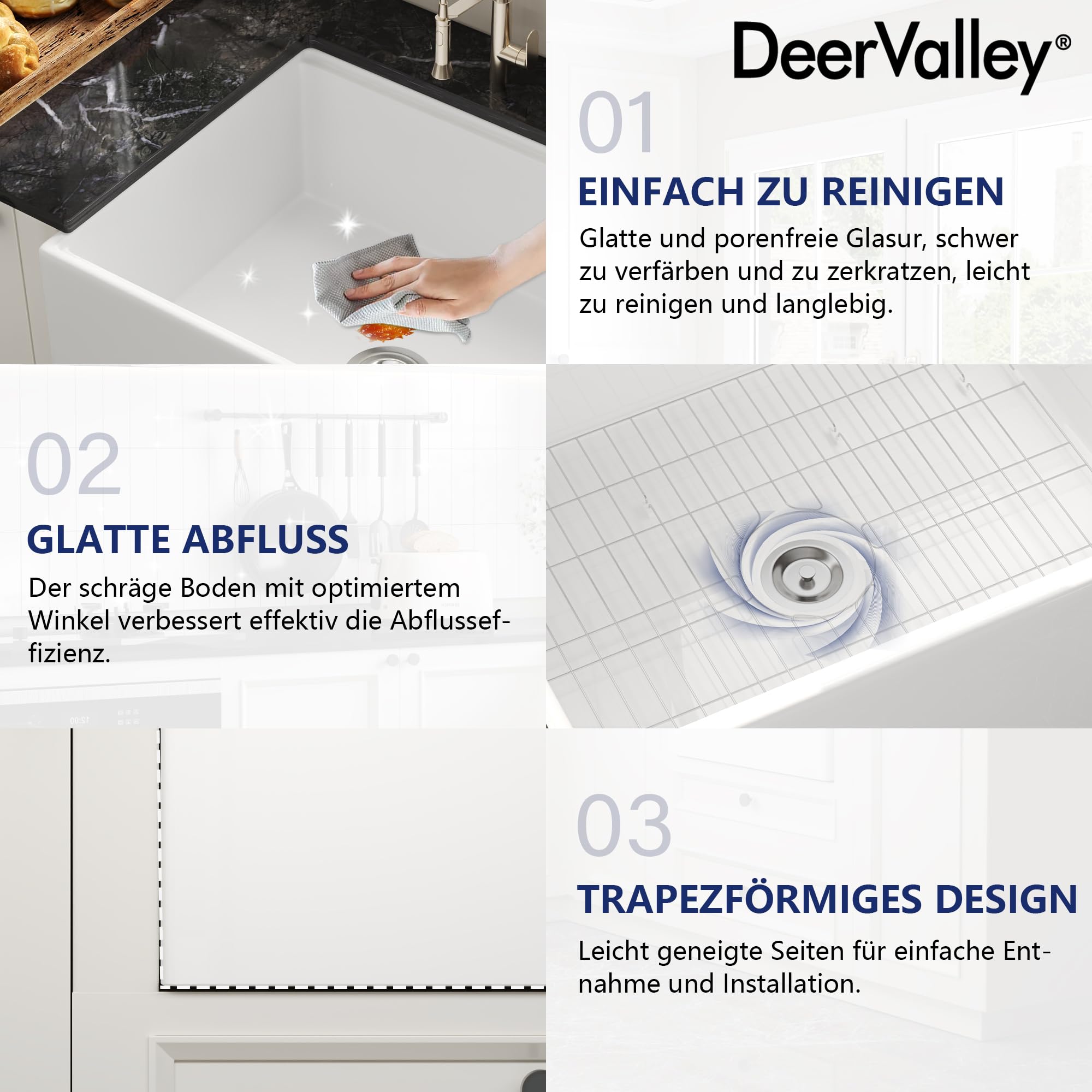DeerValley Spülbecken 61 cm – Umkehrbares Apron-Front Küchenspüle Einbauspüle, Einzelschale, Solides Feuerfestton, Glänzend Weiß, Für Küche (61x50,8x25,4 cm)