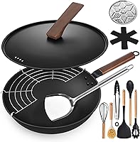 AOSION 13" Pre-Seasoned Carbon Steel Wok Set, 12-Piece with Lid & Accessories, No Chemical Coating, Flat Bottom for All Stoves incl. Induction