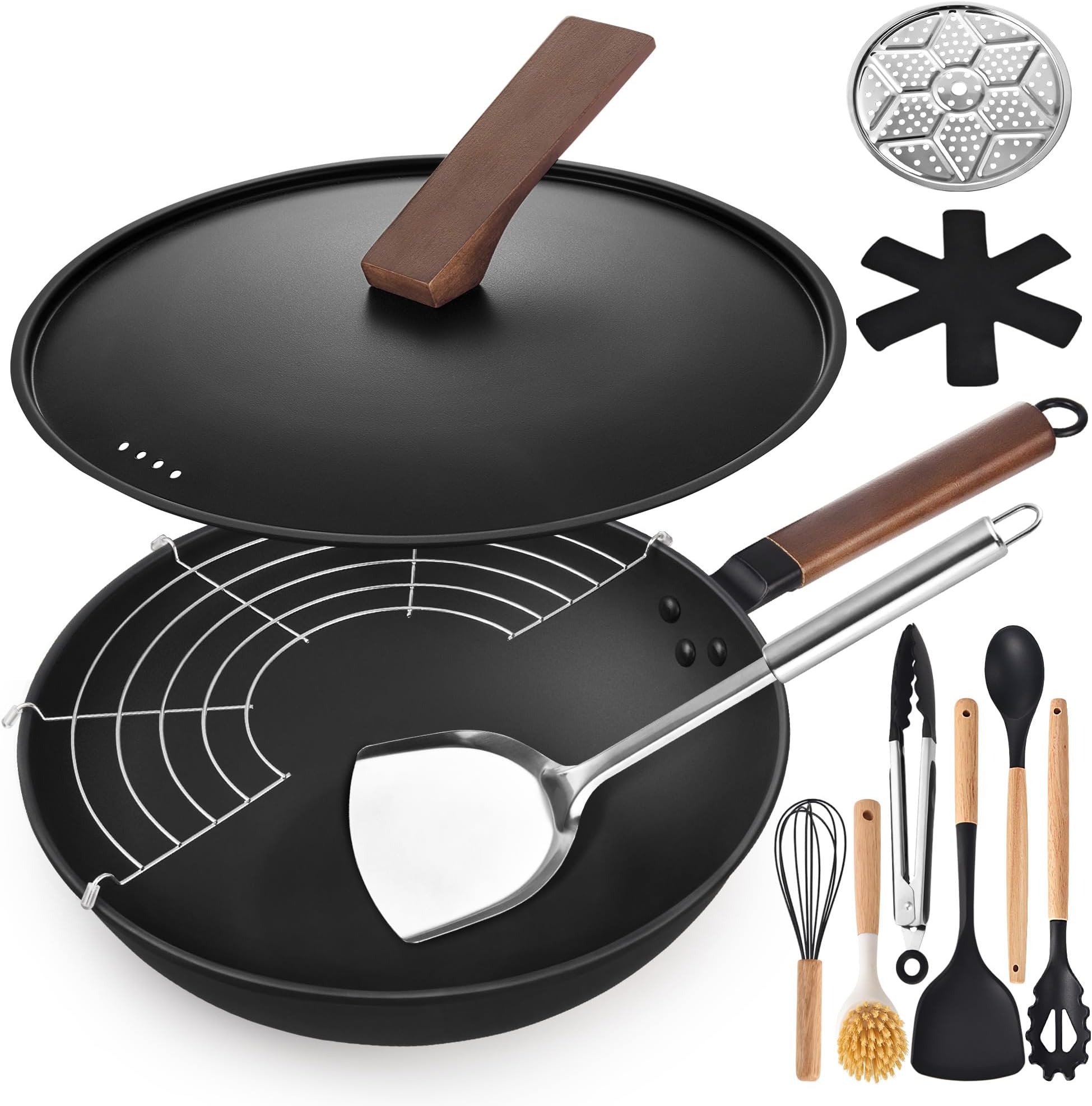 13'' Carbon Steel Wok, 12 Piece Wok Pan & Stir-Fry Pans Set with Lid & Cookwares, No Chemical Coated Flat Bottom Chinese Wok Pan for Induction, Electric, Gas, Halogen, All Stoves