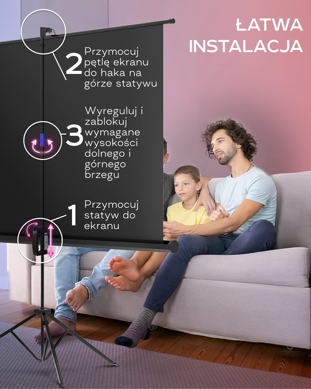 PropVue Ekran projektorowy z podstawą 84" - Ekran projekcyjny do wewnątrz i na zewnątrz do prezentacji filmowej lub biurowej - 16:9 HD Premium bez zmarszczek z statywem i mocnym paskiem, z torbą