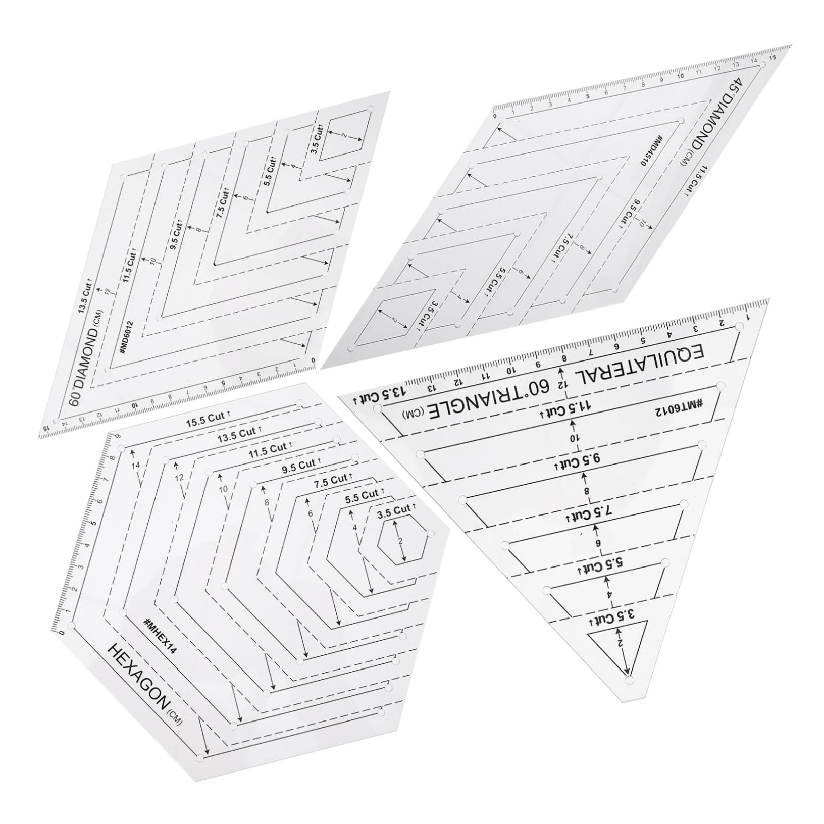 Righello per Patchwork e Quilting in Plastica Bianca 4 Pezzi | Set 4 Modelli Diversi, per Cucito Creativo Fai da Te, Facile da Trasportare