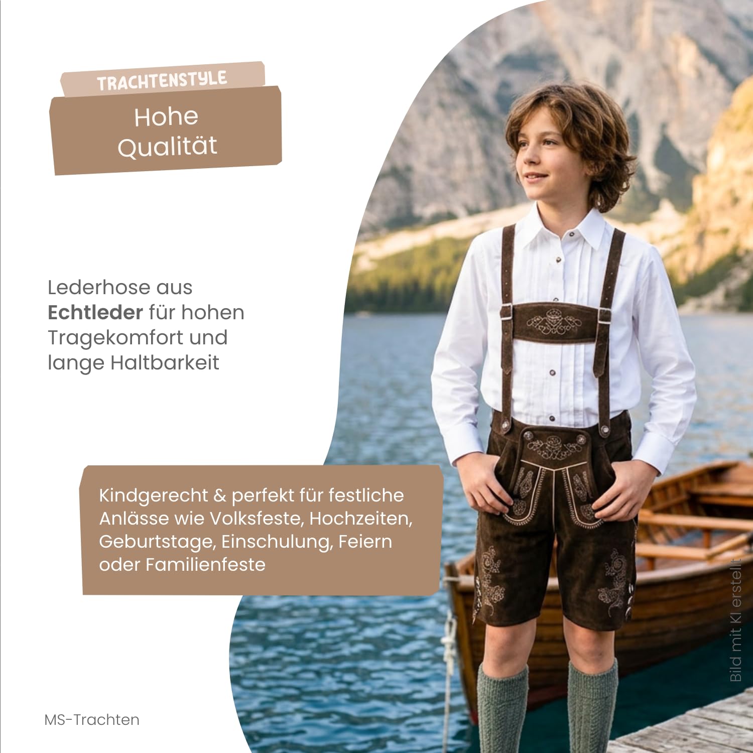 Trachtenset Kinder Lederhose Leo braun Trachtenhose mit Hemd weiß