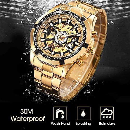 Miniatura 6 de Gute Relojes para hombre, esqueleto mecánico de acero inoxidable, resistente al agua, reloj automático de cuerda automática para hombre, reloj