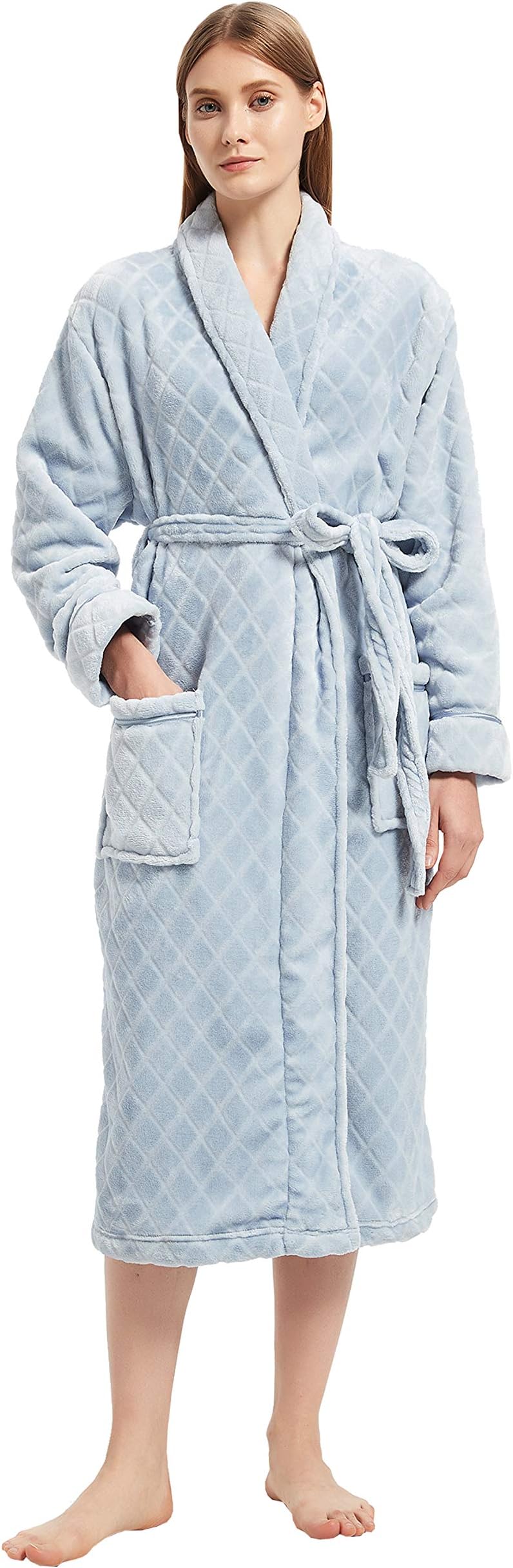 Global Womens Dressing Gowns Fluffy Long Ladies Robe Flannel Fleece Bathrobe Luxury Housecoat Loungewear for Bath Shower Spa