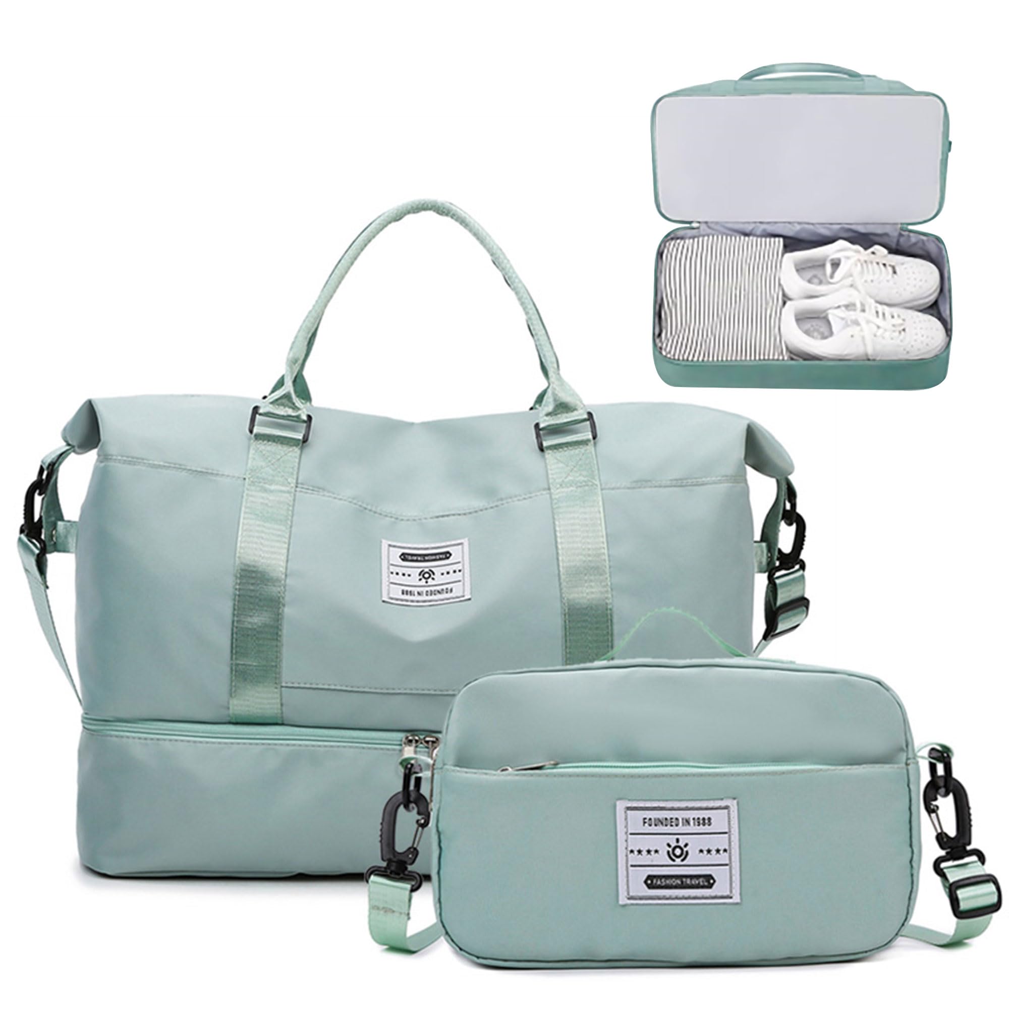 Bolsas de Viaje Bolsas de Deporte Bolsa de Gimnasio Impermeable Bolsa de Mano Equipaje Fin de Semana con Bolsa Húmeda y Zapatero para Hombre Mujer (Verde Claro)