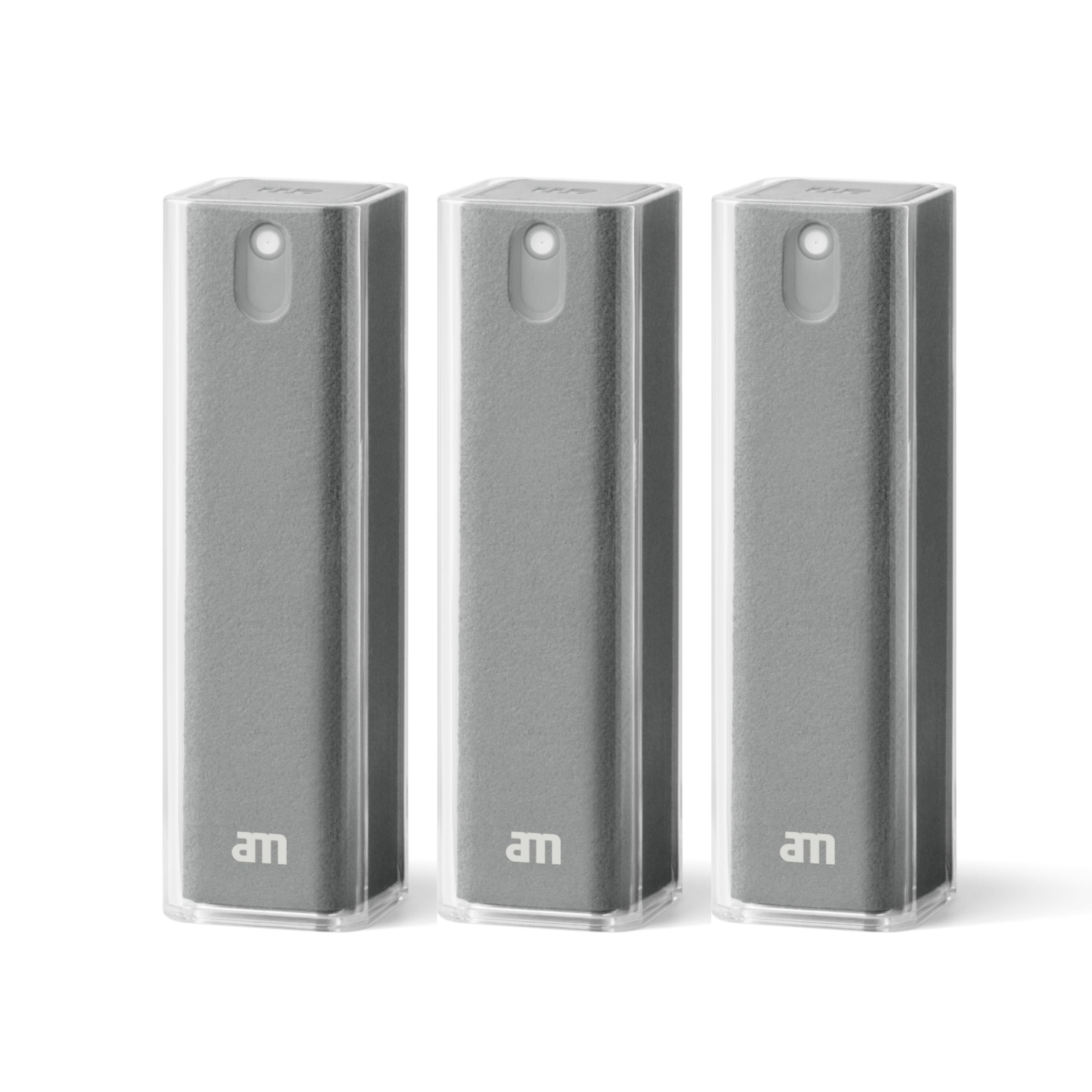 am Spray Pulizia Schermo 2 in 1 con Panno in Microfibra Integrato per Smartphone, Tablet, Laptop, Monitor PC, Smart TV e Display Auto, Ricaricabile (Grigio, 3 Pack)