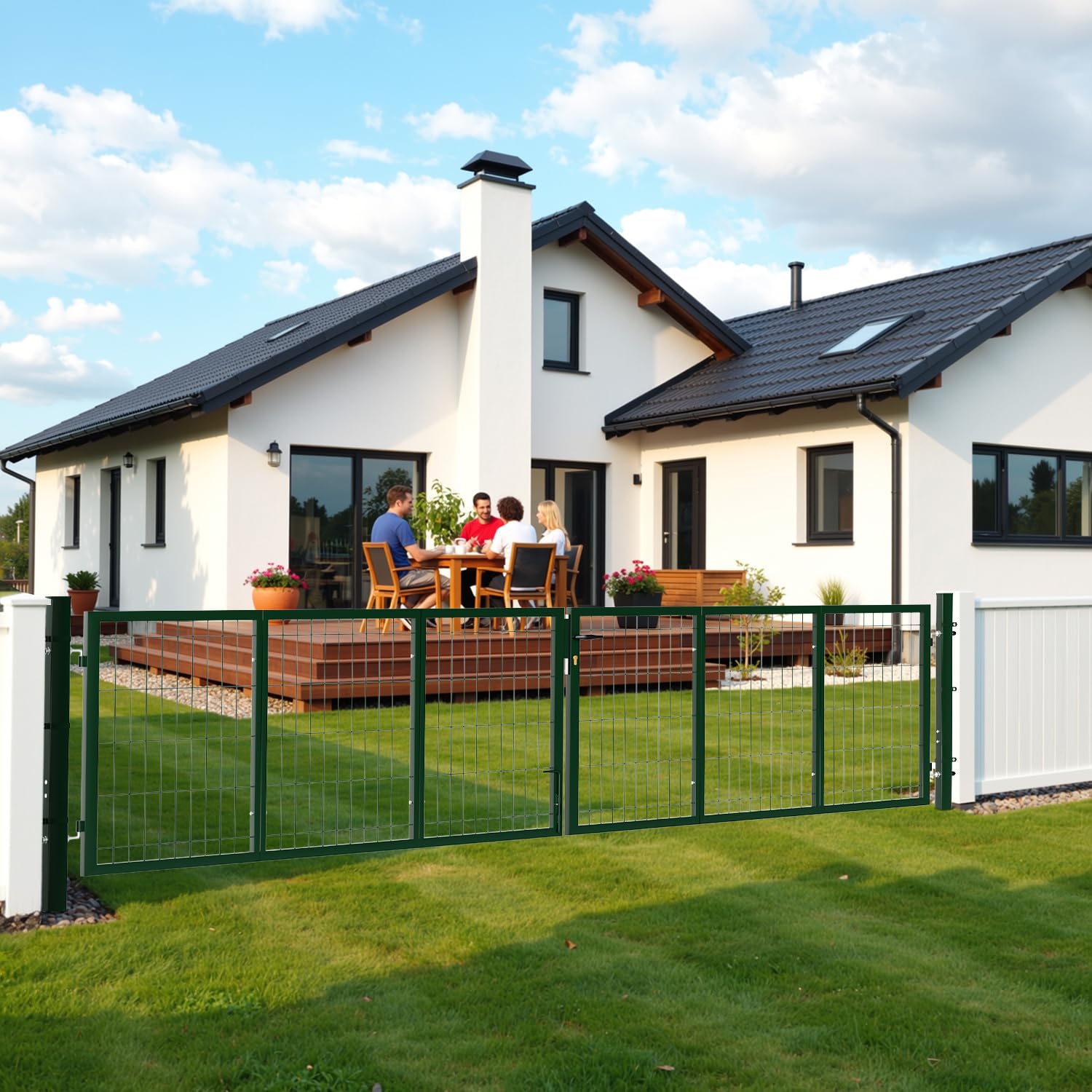 Gartentor metall, Doppelflügelig Gartentür, 350x100 cm, Vierkantrohr, für Landhaus/Pferdeweiden, für Doppelstabmattenzaun (Grün)