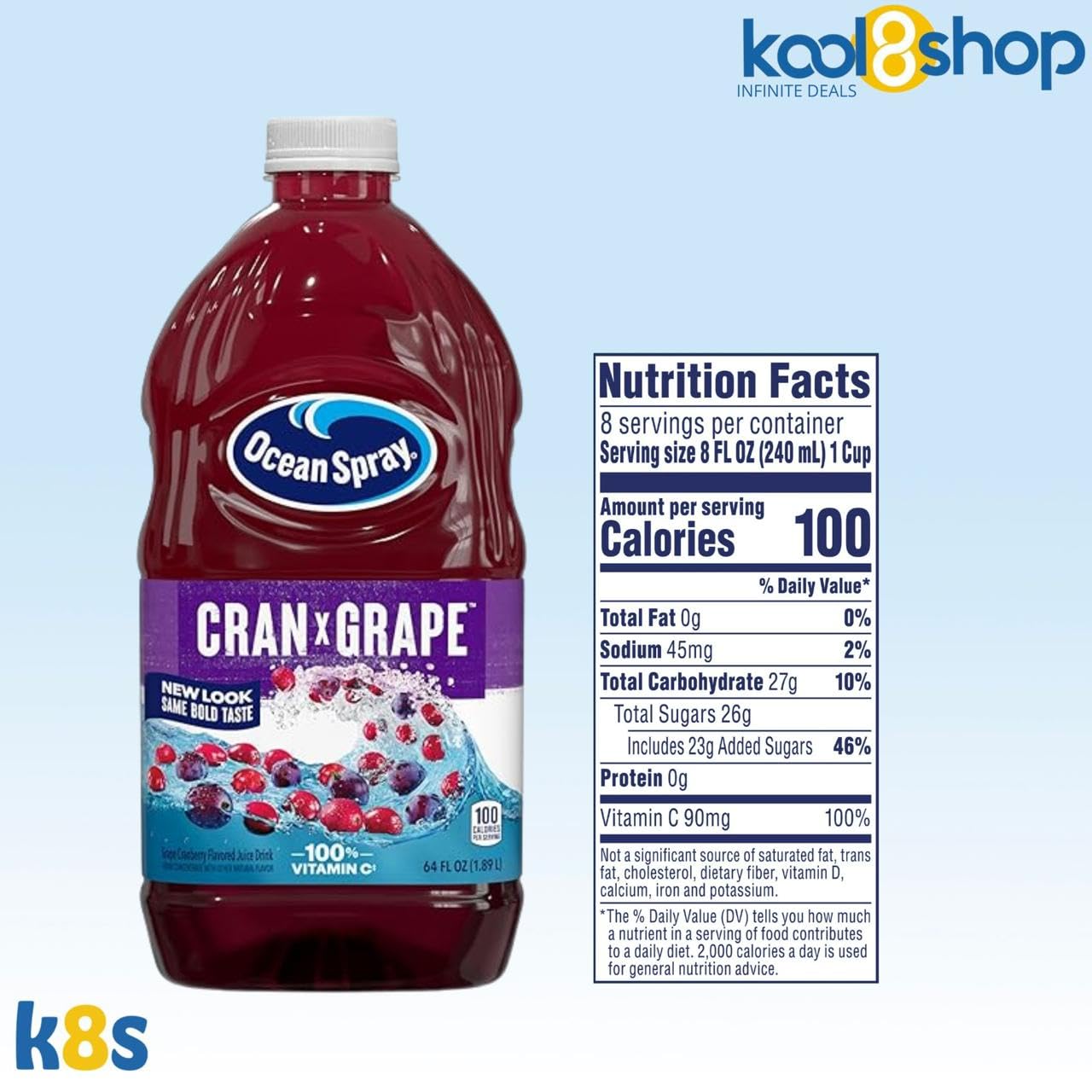 Ocean Spray Cran Grape Fruit Juice Drink 64 fl oz Plastic Bottle 4 Pack + 15 Sugarcane Disposable Straws by KOOL8SHOP Infinite Deals