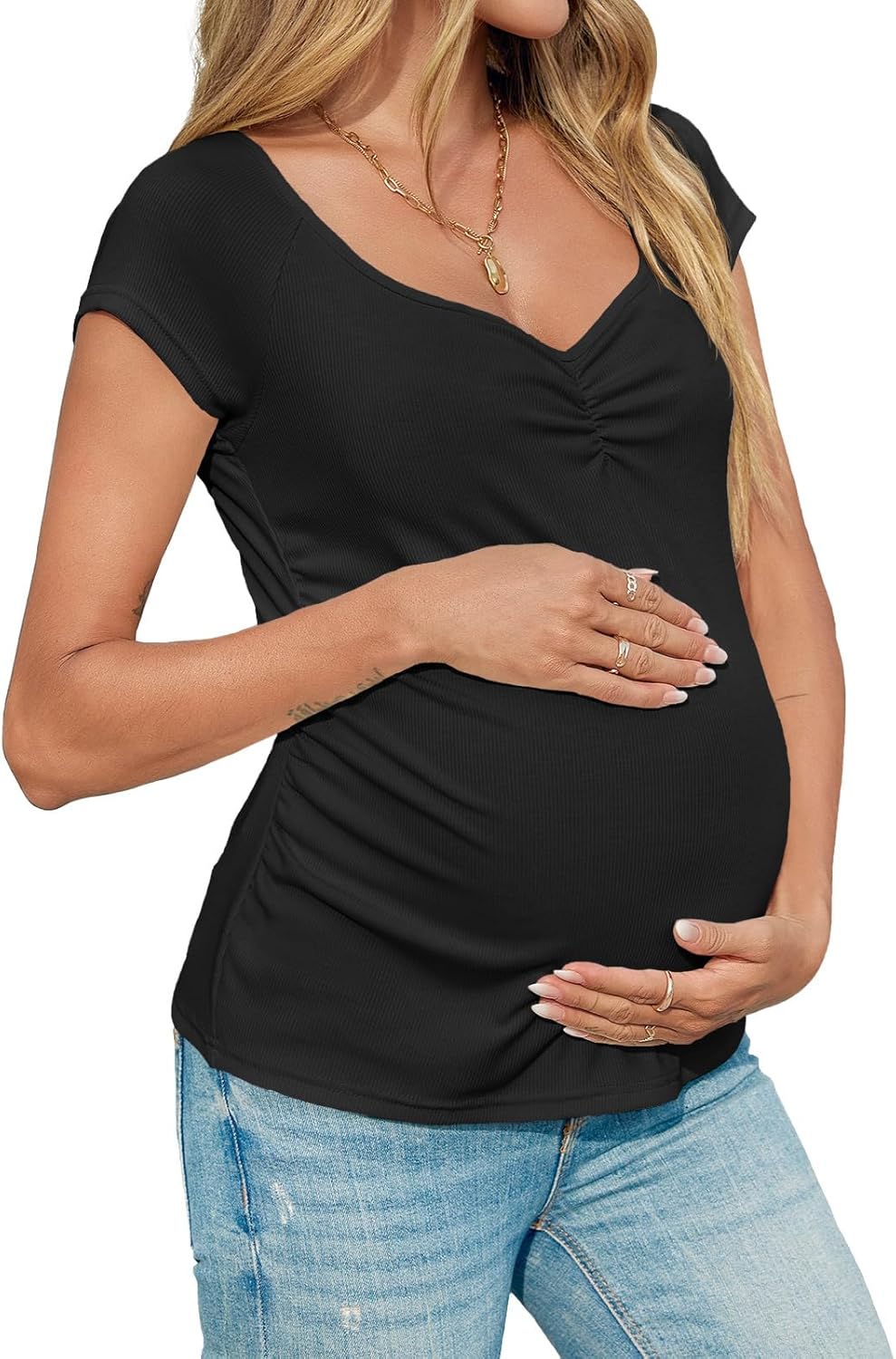 Tankaneo Womens V Neck Maternity Tops Cap Sleeve Fitted Breastfeeding T Shirts Summer Pleated Pregnancy Clothes - Image 4