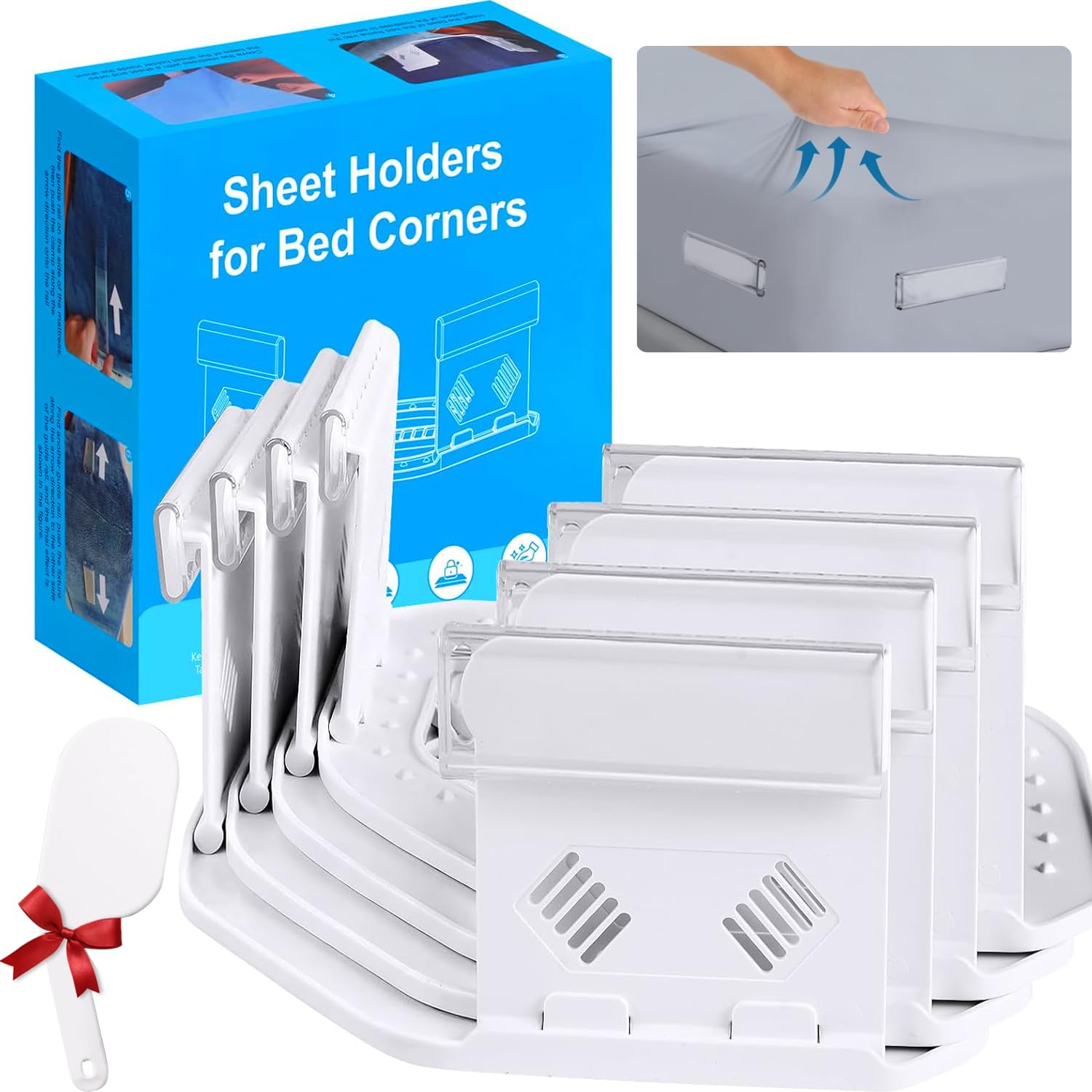 Bed Sheet Holders for Corners, Upgrade Bed Sheet Grippers Locks, 4 pieces Sheet Locks for Fitted Sheets, Heavy Duty Clips, Stays in Place All Night, Easy Install, Universal Fit for Home, Dorm & Hotel