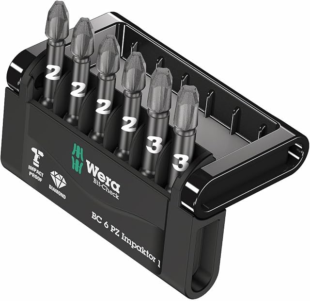 Wera Bit-Check 6 PZ Impaktor 1 Diamond Coated TriTorsion Long Service Life Pozidriv Bit Set, 6pc, 05057692001