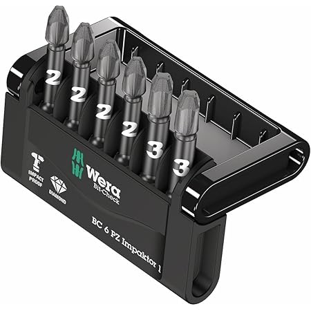 Wera Bit-Check 6 PZ Impaktor 1 Diamond Coated TriTorsion Long Service Life Pozidriv Bit Set, 6pc, 05057692001