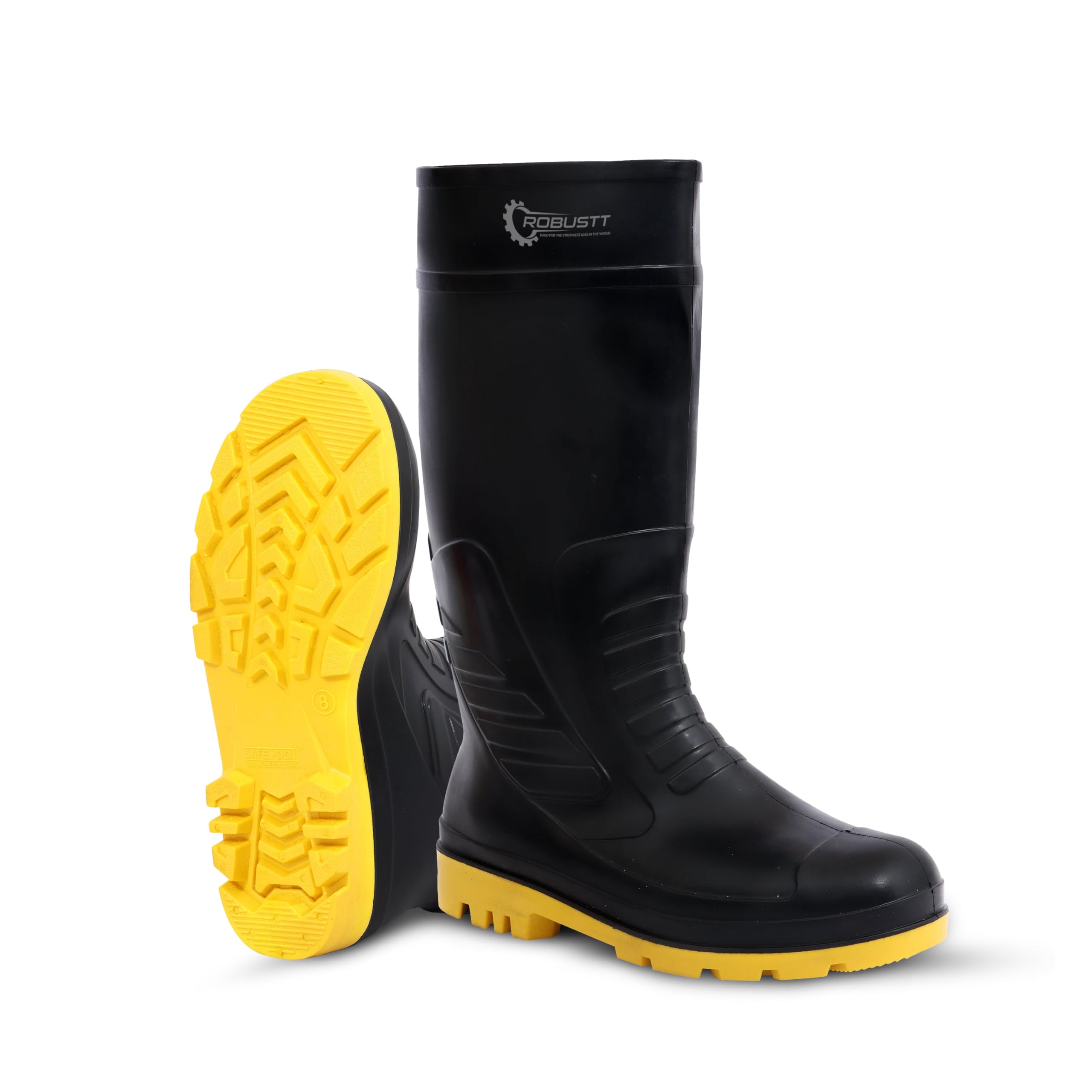 Robustt Steel Toe Lightweight Gum Boots | Standard Steel Safety Shoes | Anti Slip, Waterpoof | Breathable Printed Leather Shoes | Puncture and Tear Resistant | For Industrial Use (Yellow)