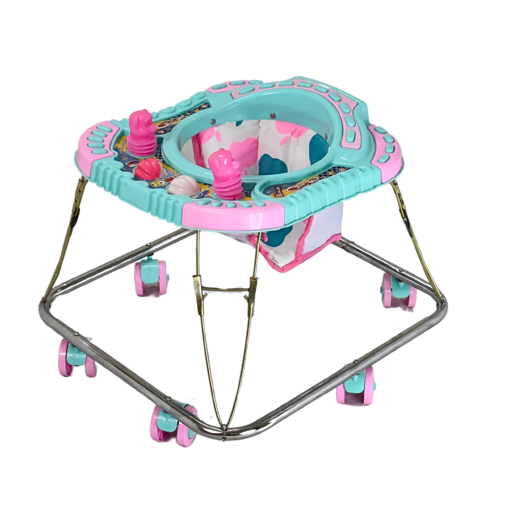 MAXONOVA SQUARE Foldable Baby Walker - Square Base, Chrome Pipe | 6-SUT | Pink-Green