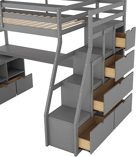 Miniatura 207 de Quarte Cama alta multifuncional, cama alta tamaño matrimonial con escritorio integrado y estantes de almacenamiento, dos cajones y escalera de