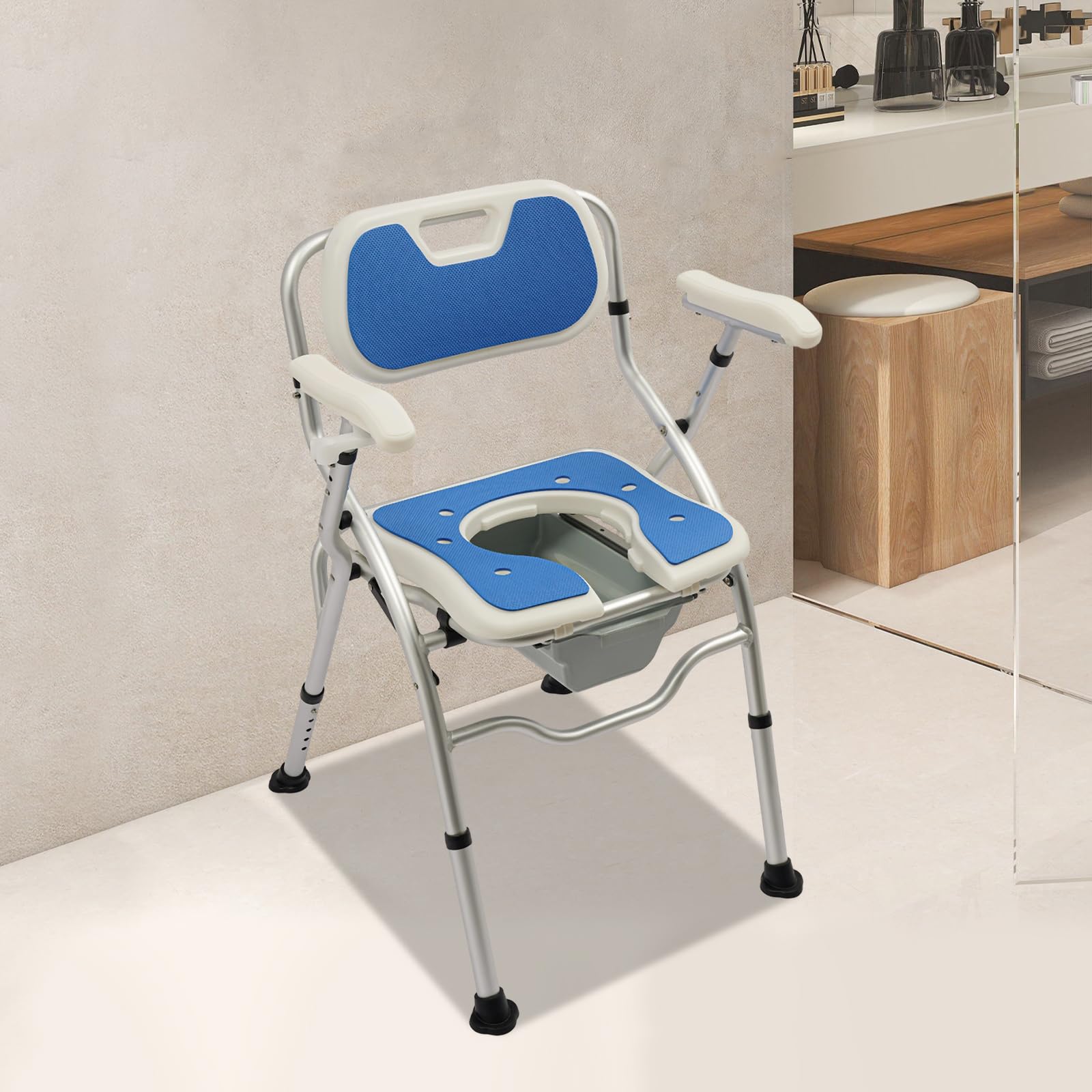 Toilettenstuhl für Senioren, klappbarer Toilettenstuhl für ältere und behinderte, Höhenverstellbarer Duschstuhl für Senioren, einfaches Abnehmen des Töpfchens,Tragfähigkeit 150kg (Blau, M)
