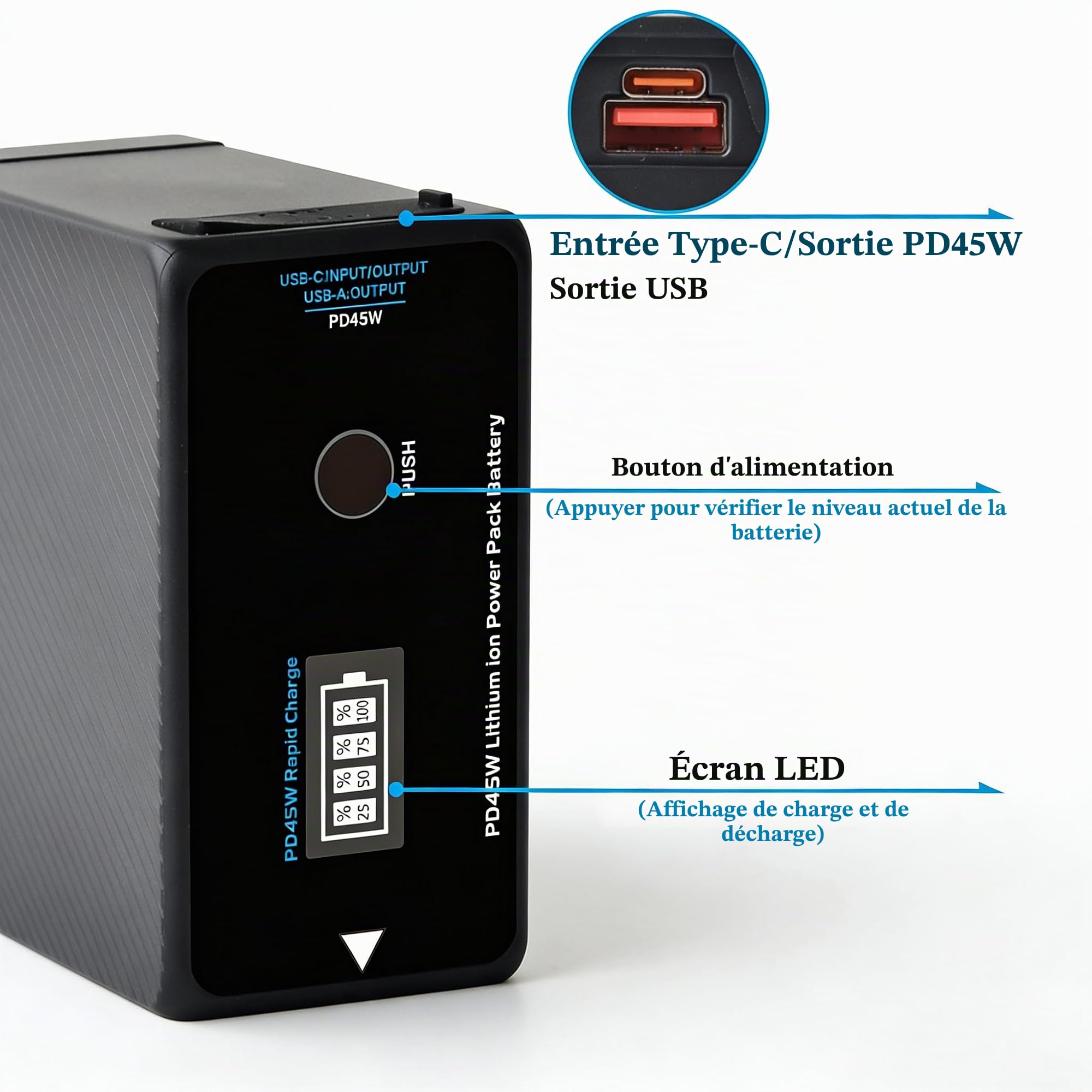 Batterie 10500 mAh PD 45 W USB-C NP-F pour Sony NP-F970 NP-F570 NP-F750 NP-F770 NP-F930 NP-F950 NP-F960 F750 F550 pour appareil photo, caméscope, moniteur, lumière vidéo LED