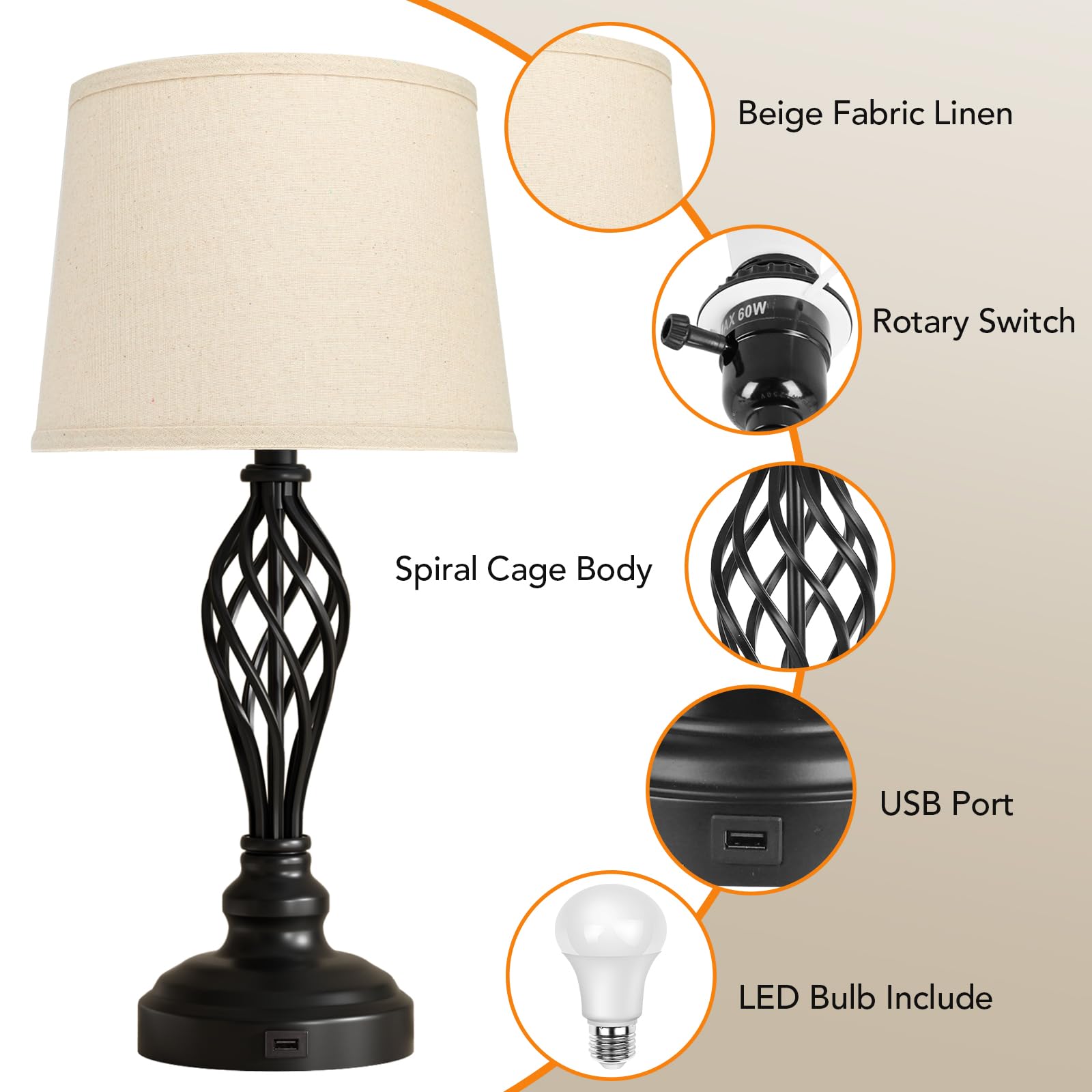 PARTPHONER Touch Table Lamps for Bedroom Set of 2, Bedside Nightstand Lamps with USB Port and Power Outlet, 3 Way Dimmable White Lamp for Living Room Nursery Room, Daylight White Bulbs Included: Beige