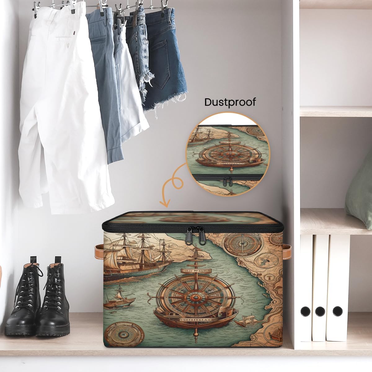 Storage Bin Set of 2 Nautical Compass Storage Basket with Zipper Lid & Handle Foldable Closet Shelf 2 Pack Cloth Organizer Basket Cube Bins Clothes Organizer for Nursery, Bedroom