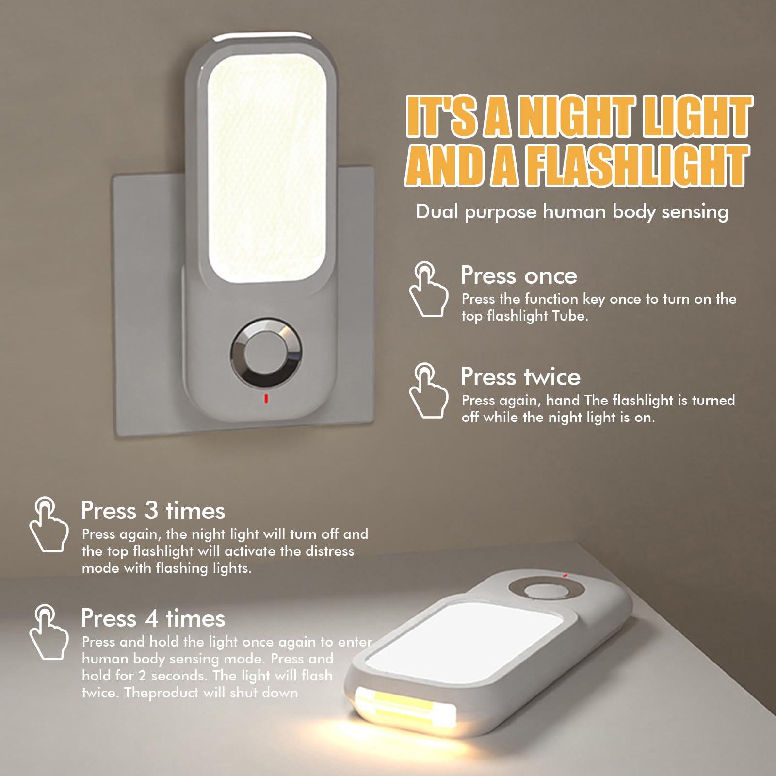 PORFOYO 2 pezzi luce notturna, presa notturna, presa di corrente, 4 in 1, torcia a induzione, luci notturne con sensore di movimento, luci a LED, luce di emergenza per interni ed esterni