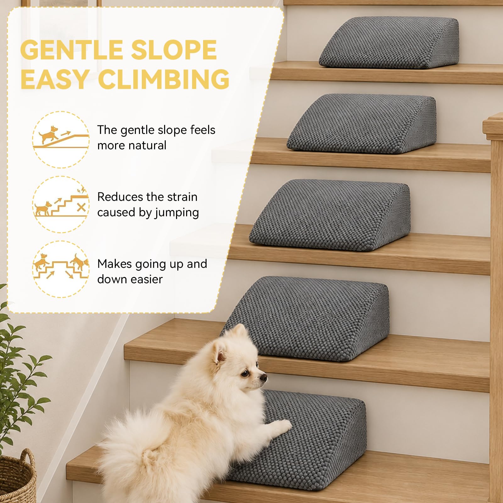 Escalones para perros para cama, sofá, juego de 6 piezas, escaleras para perros de 5 pulgadas cada una escalera para mascotas, rampa curvada gris para gatos, antideslizante, extraíble